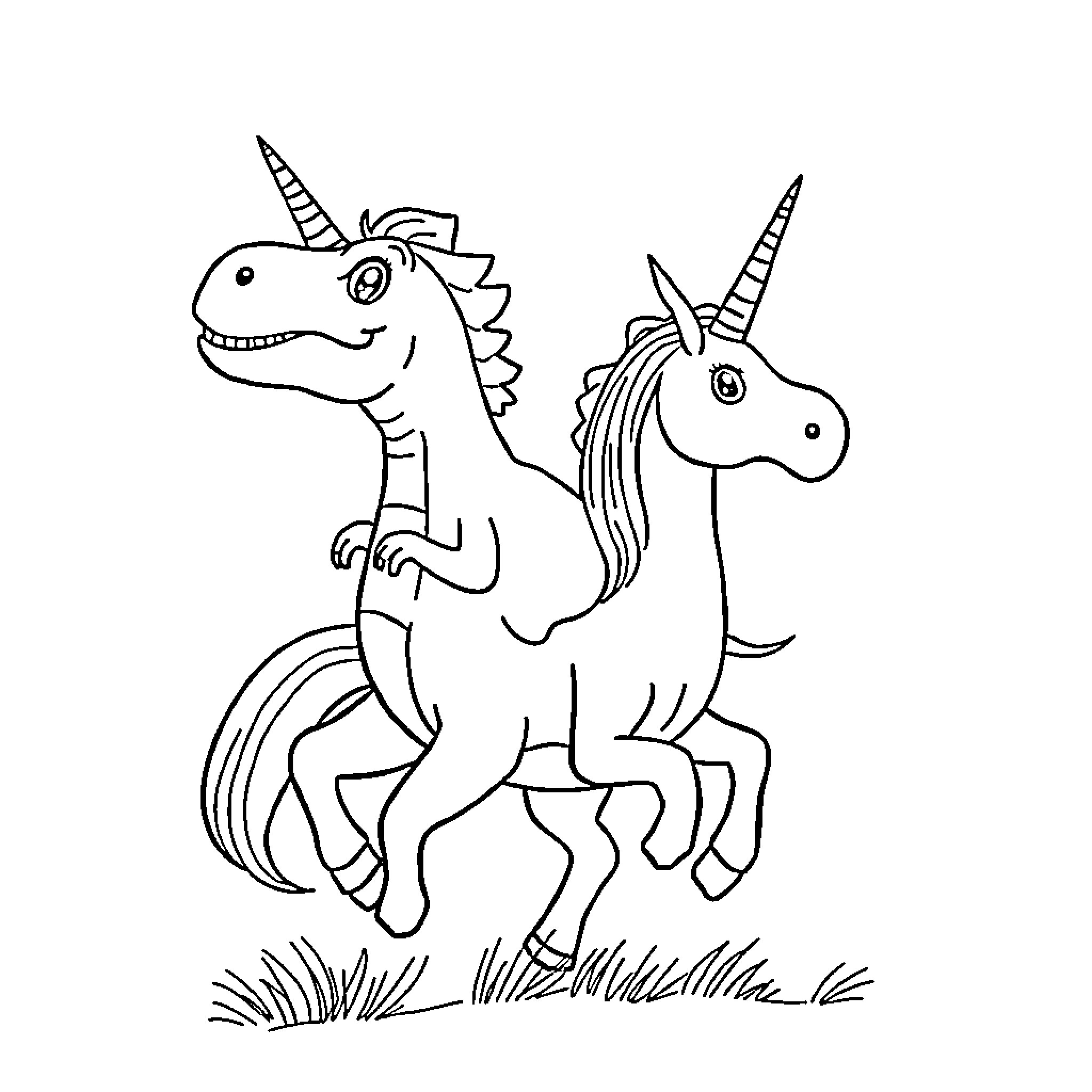 Dinosaur and Unicorn Playing Together Coloring Page (free black-and-white line drawing printable PDF for all, from beginners to advanced learners, including children, teens, adults, and seniors)