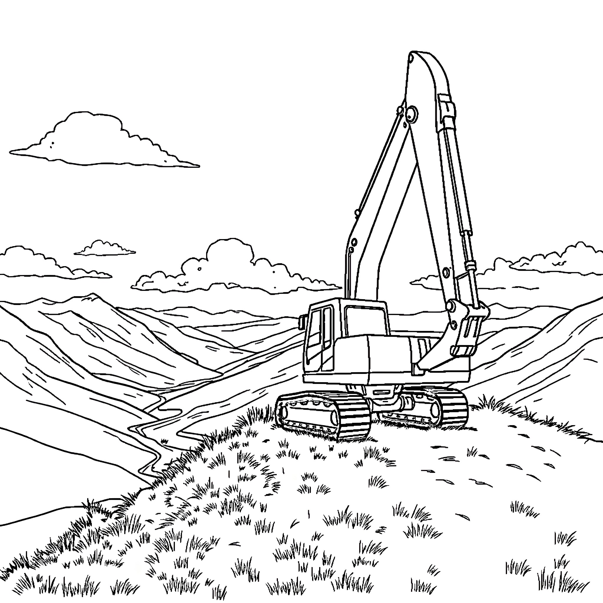 Excavator working on a construction site Coloring Page (free black-and-white line drawing printable PDF for all, from beginners to advanced learners, including children, teens, adults, and seniors)