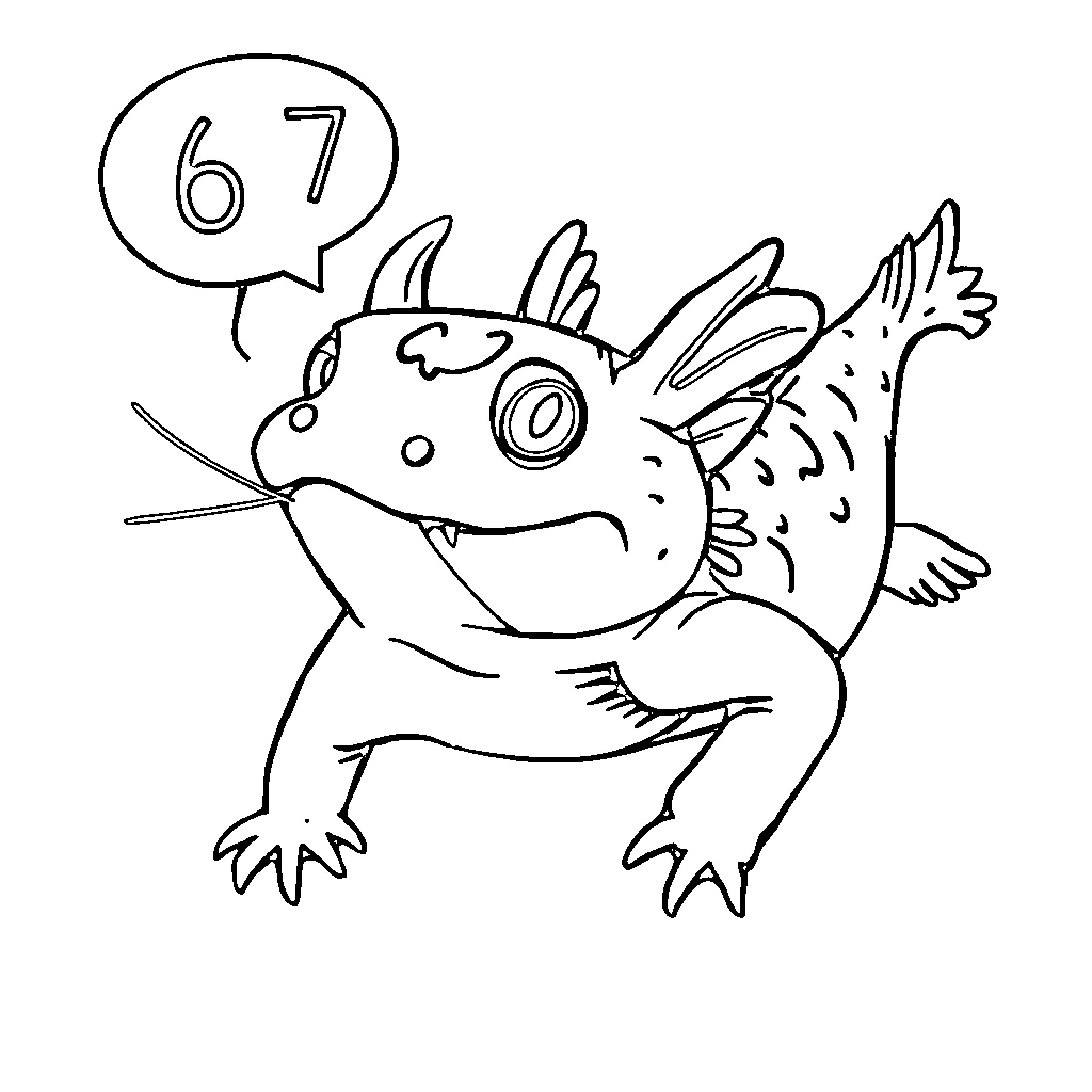 Axolotl counting the number 67 Coloring Page (free black-and-white line drawing printable PDF for all, from beginners to advanced learners, including children, teens, adults, and seniors)