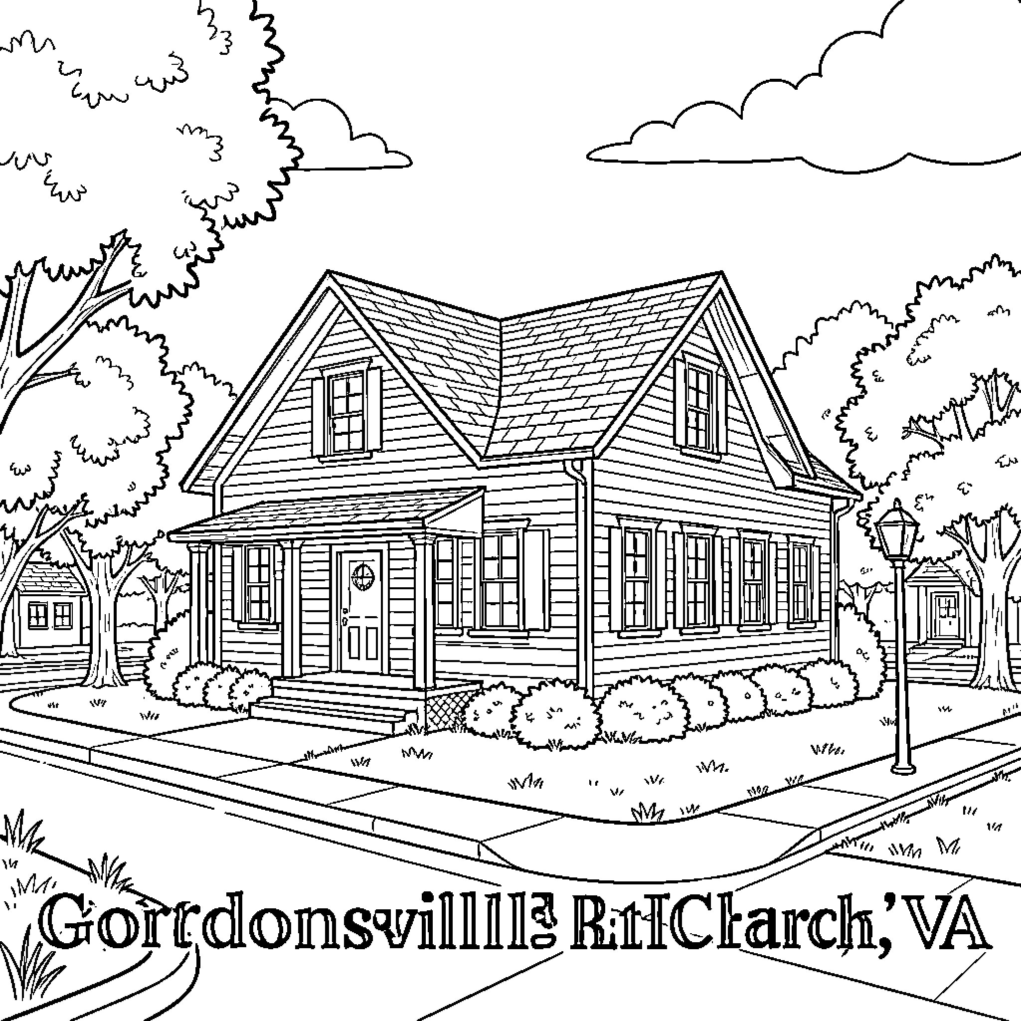 Church building standing peacefully on a quiet street corner Coloring Page (free black-and-white line drawing printable PDF for all, from beginners to advanced learners, including children, teens, adults, and seniors)