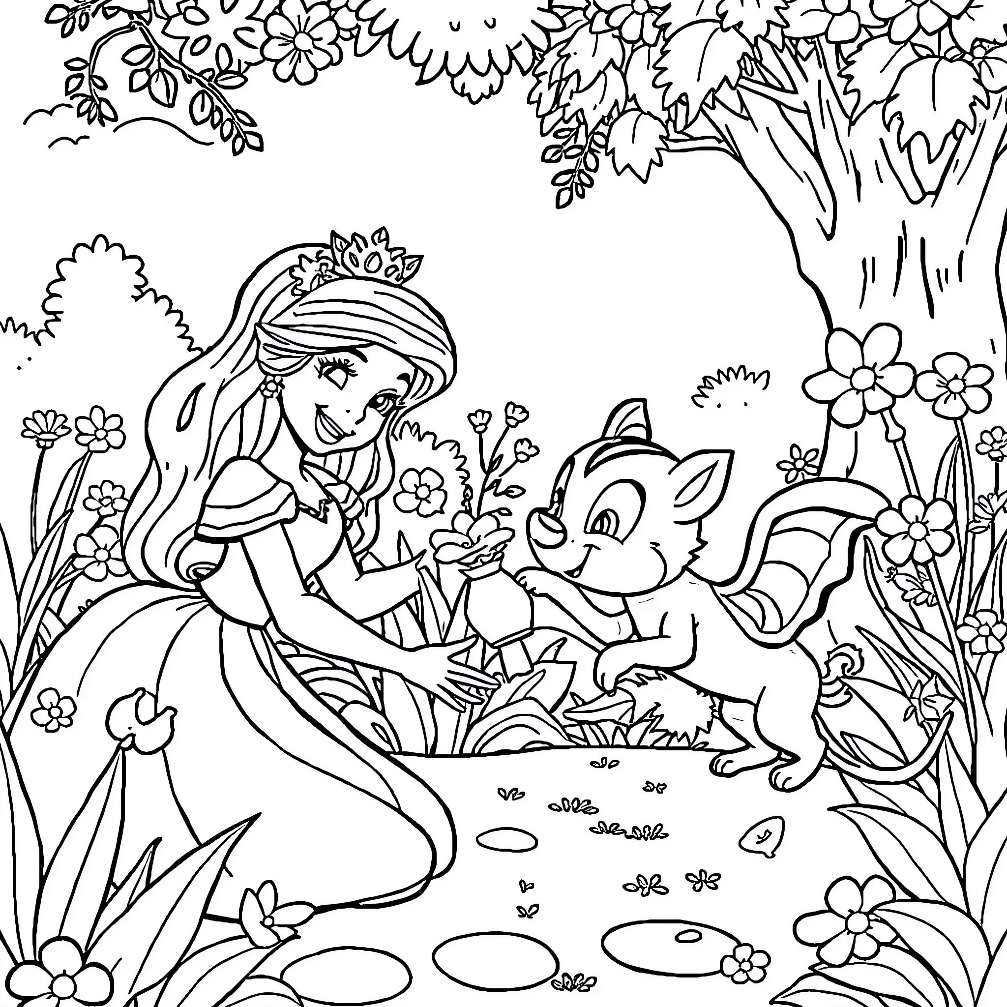 Princess interacting with a friendly forest animal Coloring Page (free black-and-white line drawing printable PDF for all, from beginners to advanced learners, including children, teens, adults, and seniors)