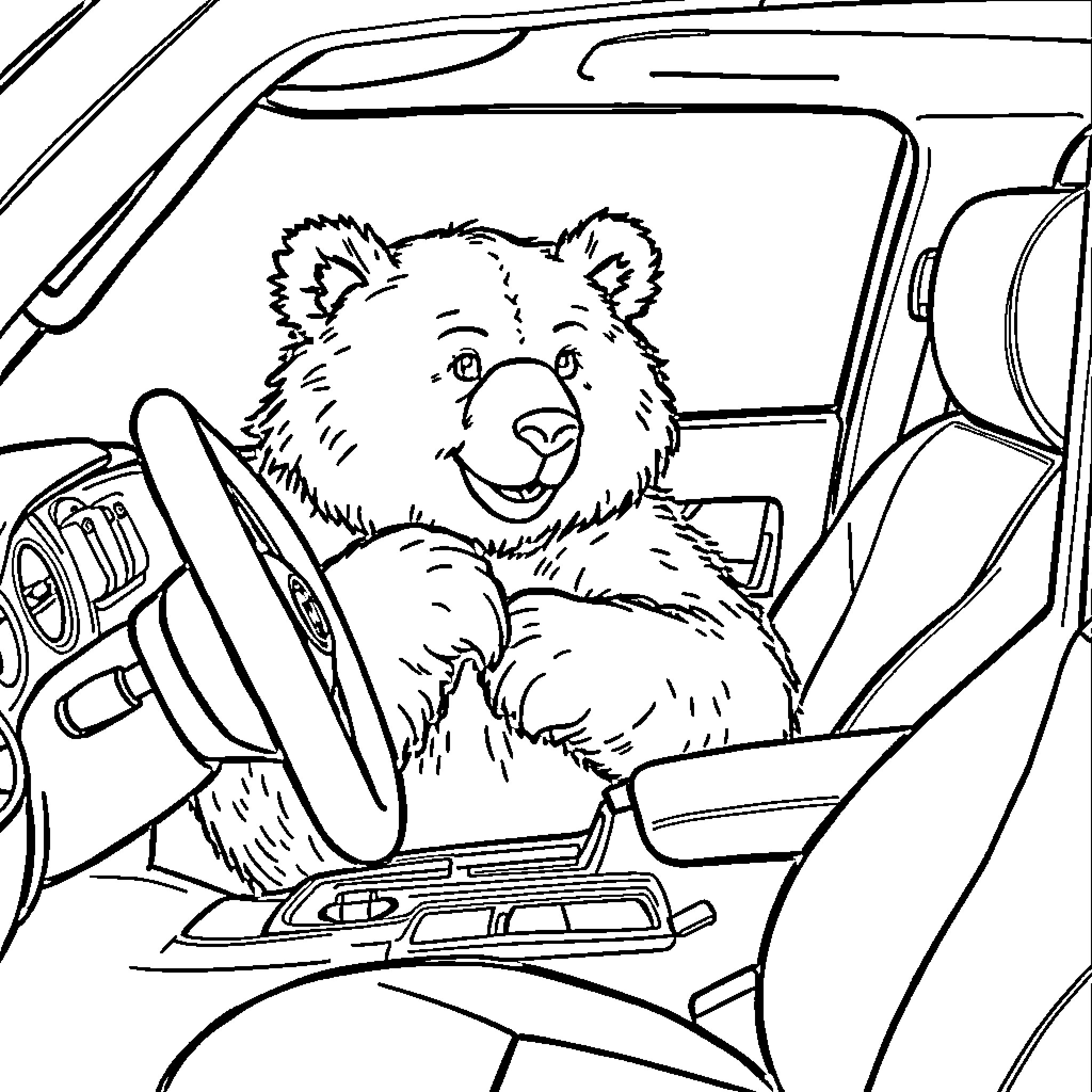 Bear driving a car Coloring Page (free black-and-white line drawing printable PDF for all, from beginners to advanced learners, including children, teens, adults, and seniors)