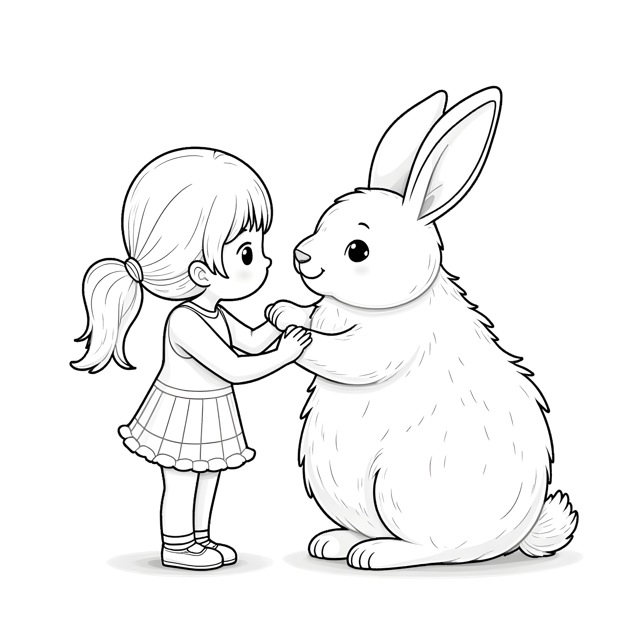 Girl Petting a Fluffy Rabbit Coloring Page (free black-and-white line drawing printable PDF for all, from beginners to advanced learners, including children, teens, adults, and seniors)