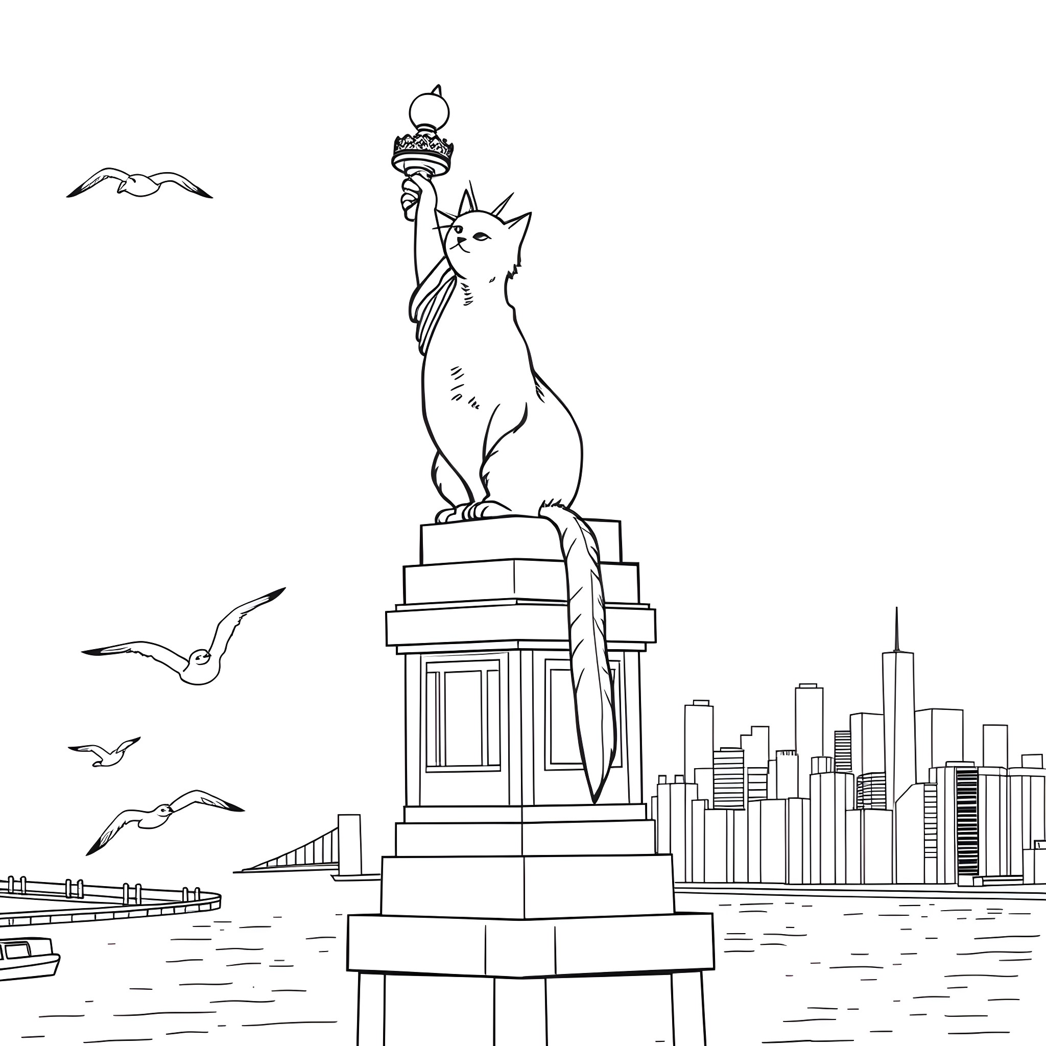 Cat statue overlooking the city skyline Coloring Page (free black-and-white line drawing printable PDF for all, from beginners to advanced learners, including children, teens, adults, and seniors)