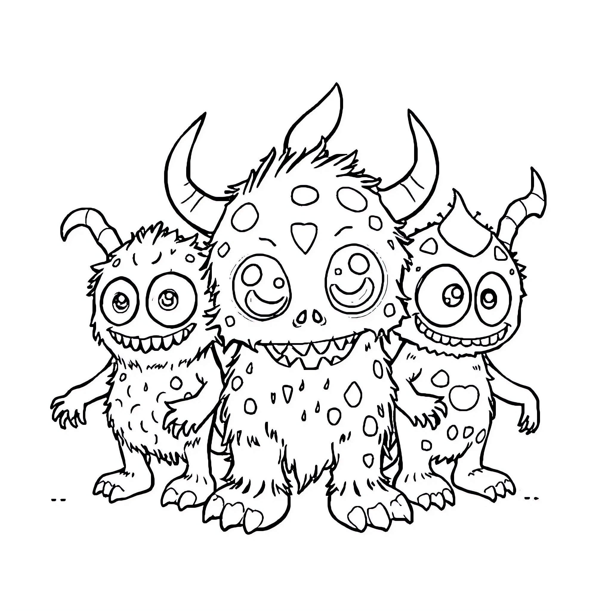 Monster duo playing and smiling happily Coloring Page (free black-and-white line drawing printable PDF for all, from beginners to advanced learners, including children, teens, adults, and seniors)