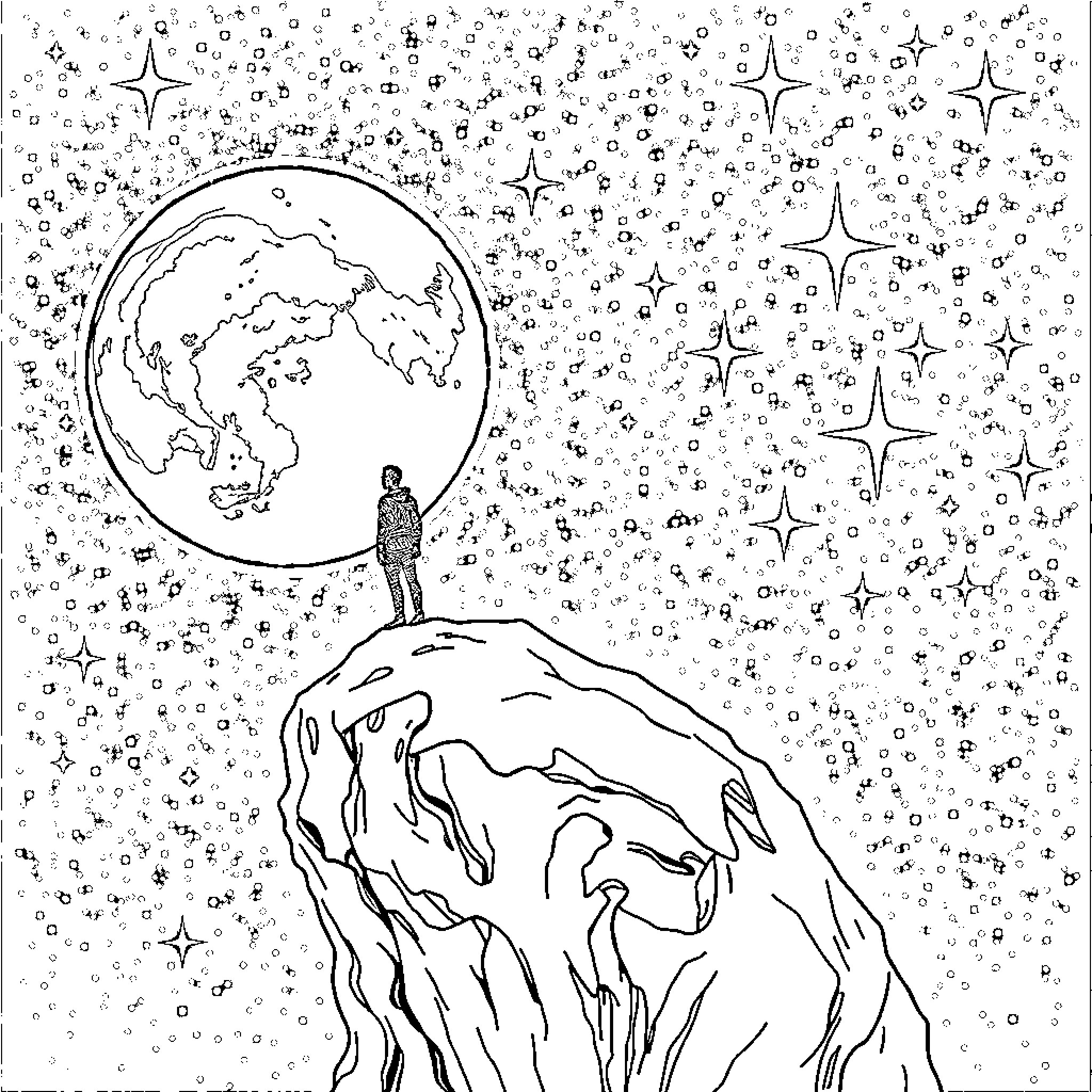 Man gazing at the Earth from a distant mountain Coloring Page (free black-and-white line drawing printable PDF for all, from beginners to advanced learners, including children, teens, adults, and seniors)