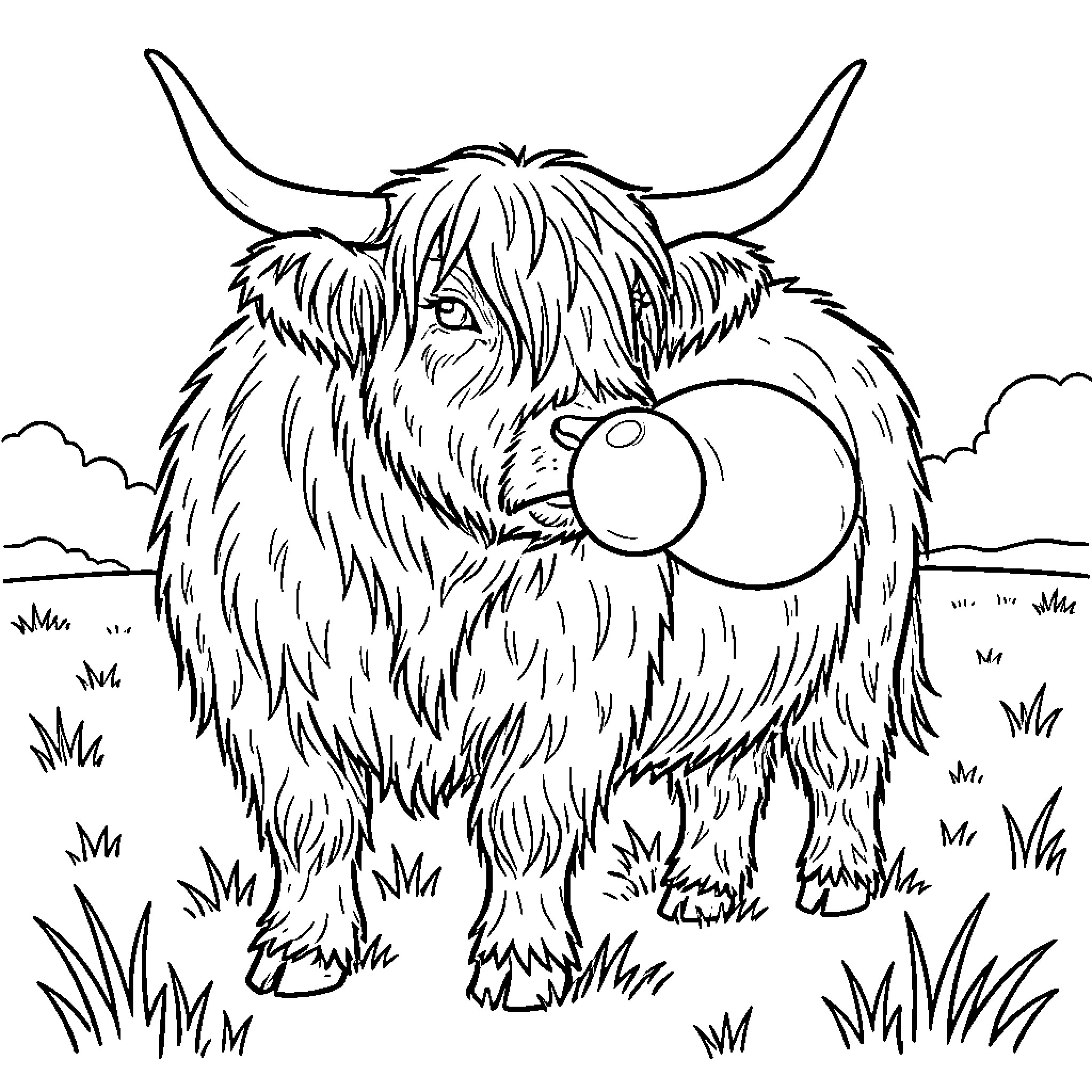Highland Cow chewing on grass in a meadow Coloring Page (free black-and-white line drawing printable PDF for all, from beginners to advanced learners, including children, teens, adults, and seniors)