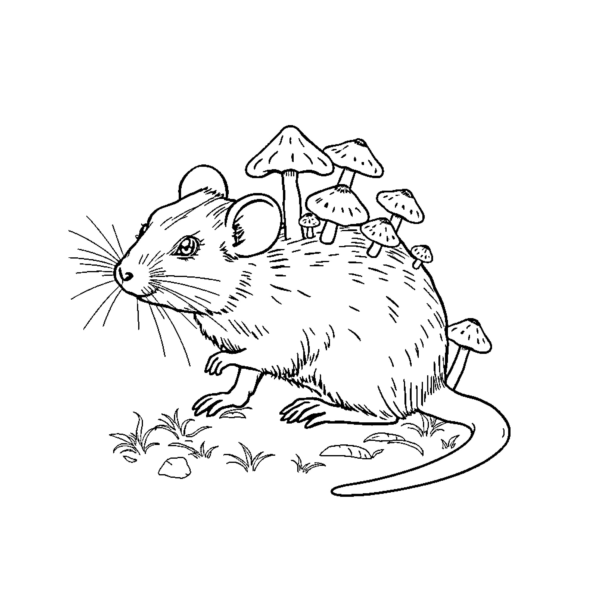 Rat enjoying mushrooms in the forest Coloring Page (free black-and-white line drawing printable PDF for all, from beginners to advanced learners, including children, teens, adults, and seniors)