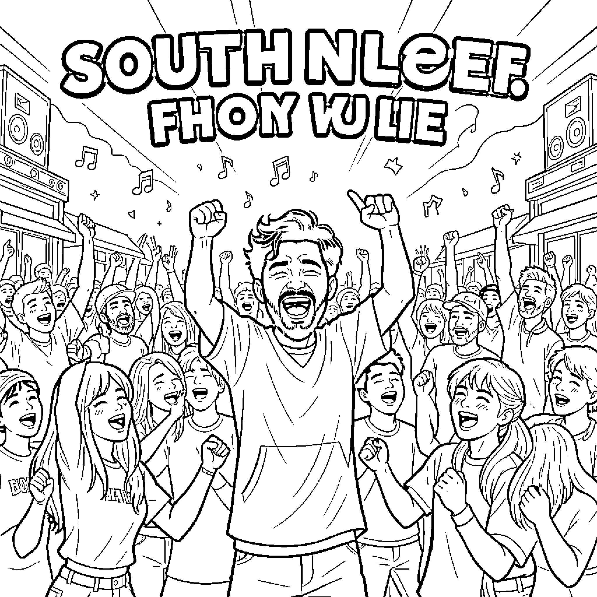 K Pop fans cheering excitedly at a concert Coloring Page (free black-and-white line drawing printable PDF for all, from beginners to advanced learners, including children, teens, adults, and seniors)