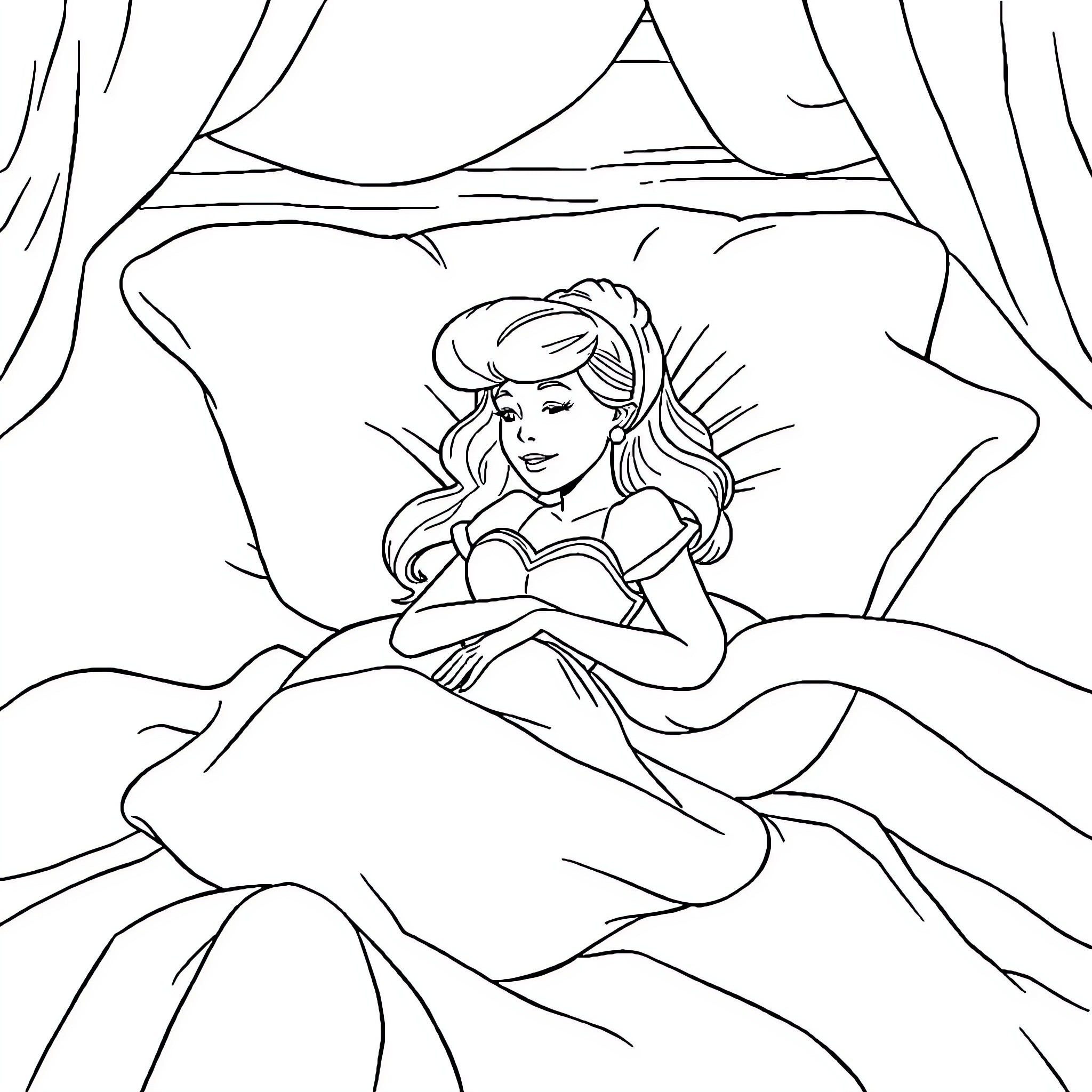 Cinderella resting peacefully in her bedroom Coloring Page (free black-and-white line drawing printable PDF for all, from beginners to advanced learners, including children, teens, adults, and seniors)
