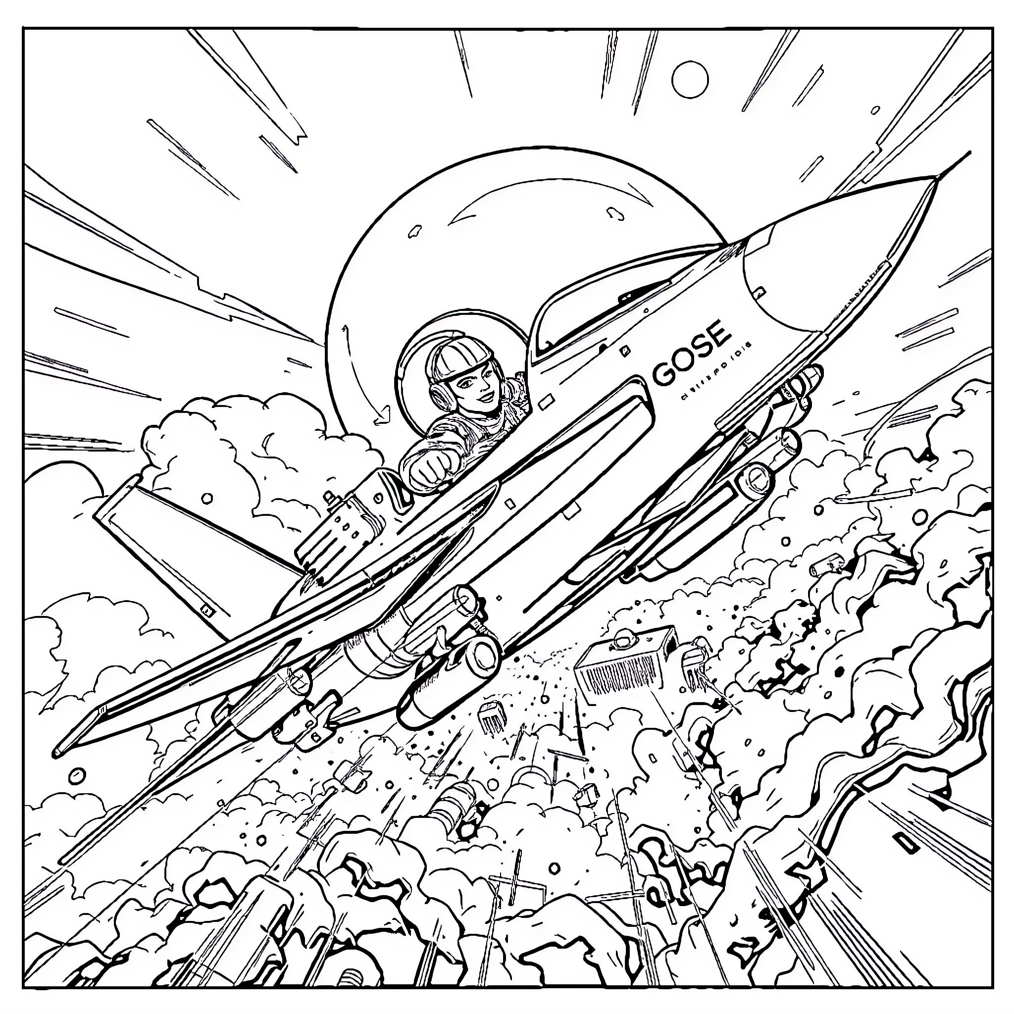 Goose pilot soaring heroically through the sky Coloring Page (free black-and-white line drawing printable PDF for all, from beginners to advanced learners, including children, teens, adults, and seniors)