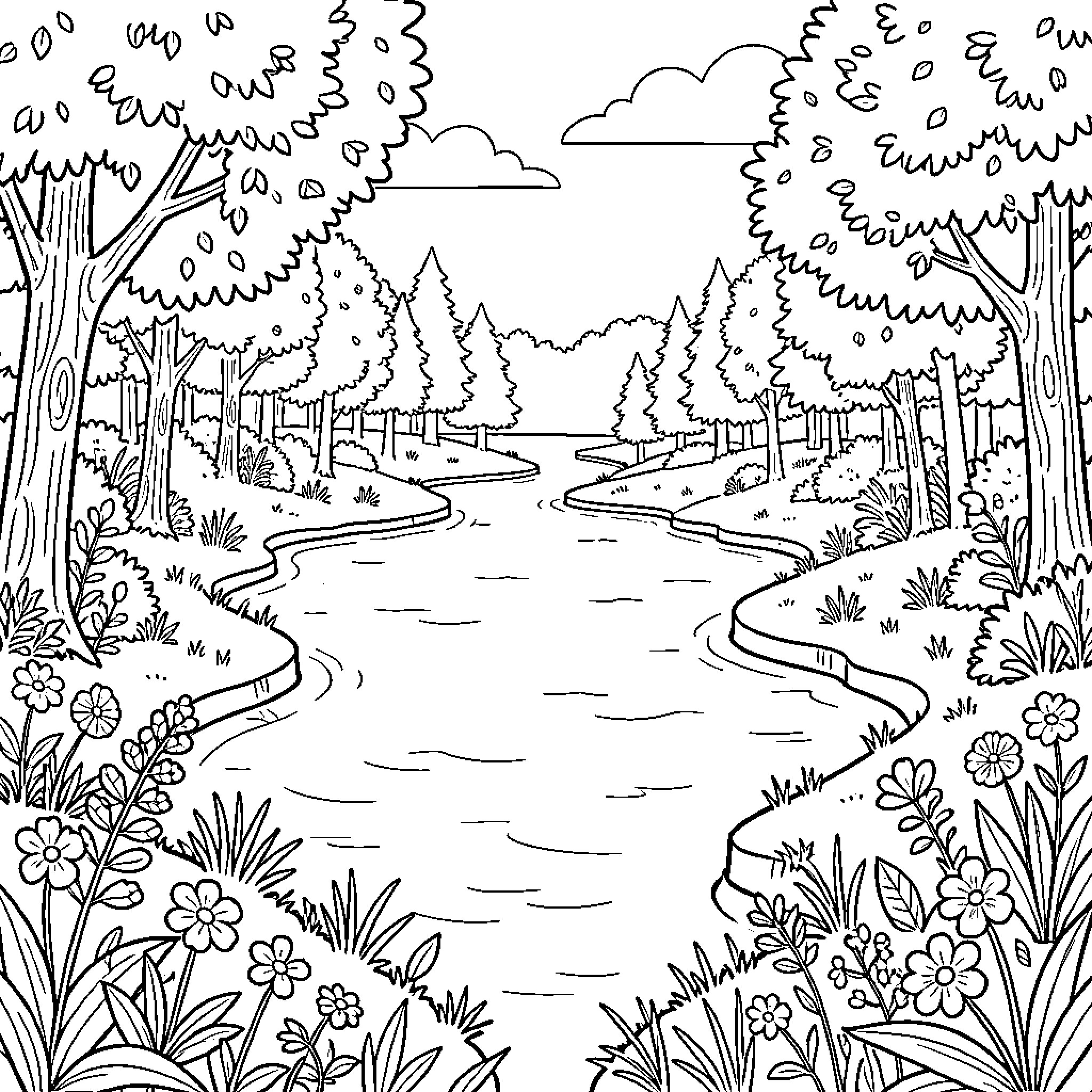 Lake and River flowing through scenic forest landscape Coloring Page (free black-and-white line drawing printable PDF for all, from beginners to advanced learners, including children, teens, adults, and seniors)