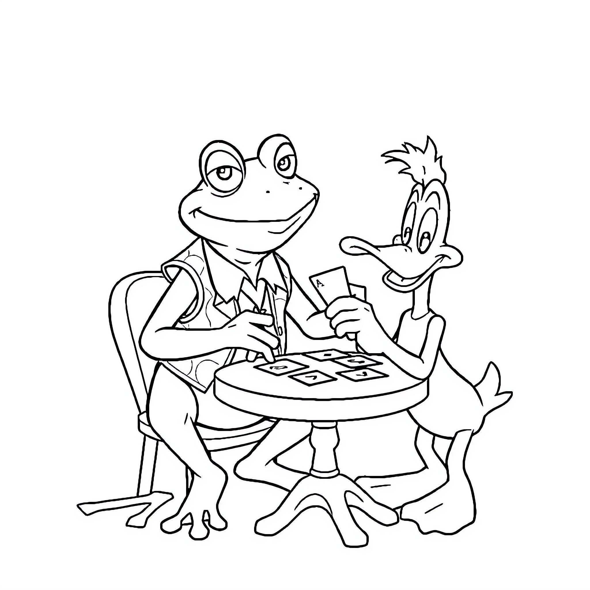 Frog playing board game with duck companion Coloring Page (free black-and-white line drawing printable PDF for all, from beginners to advanced learners, including children, teens, adults, and seniors)
