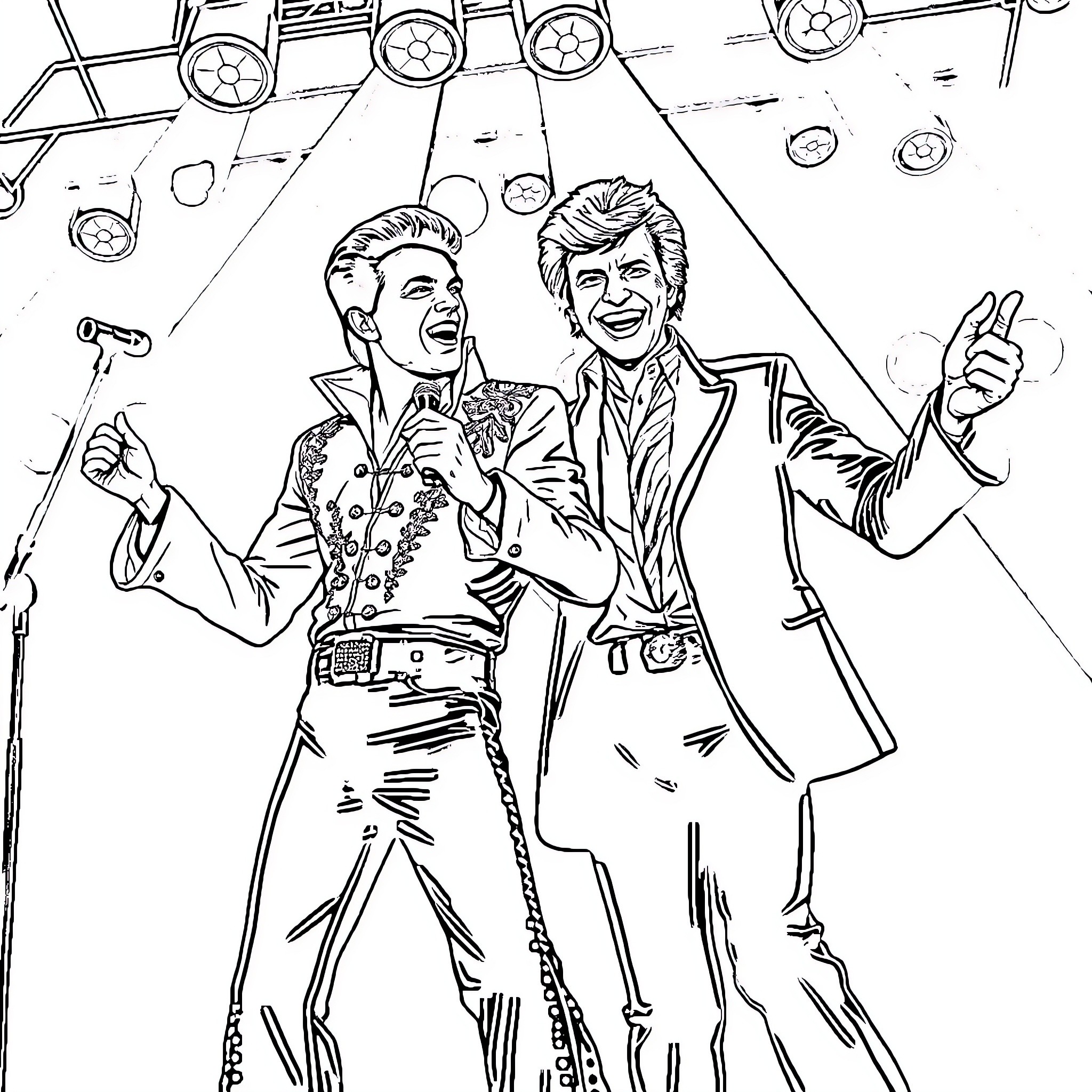 Elvis Presley Performing on Stage with Bandmate Coloring Page (free black-and-white line drawing printable PDF for all, from beginners to advanced learners, including children, teens, adults, and seniors)