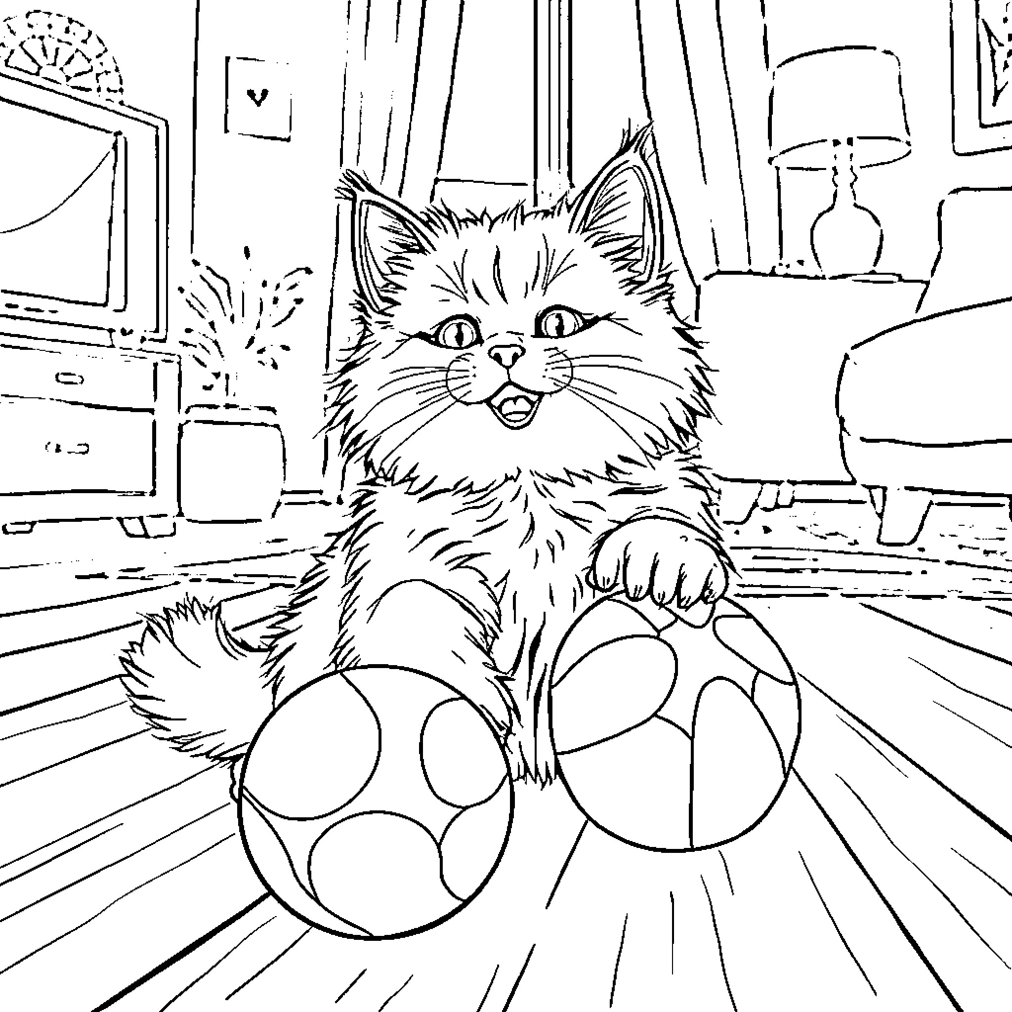 Cat exploring an indoor scene with furniture Coloring Page (free black-and-white line drawing printable PDF for all, from beginners to advanced learners, including children, teens, adults, and seniors)