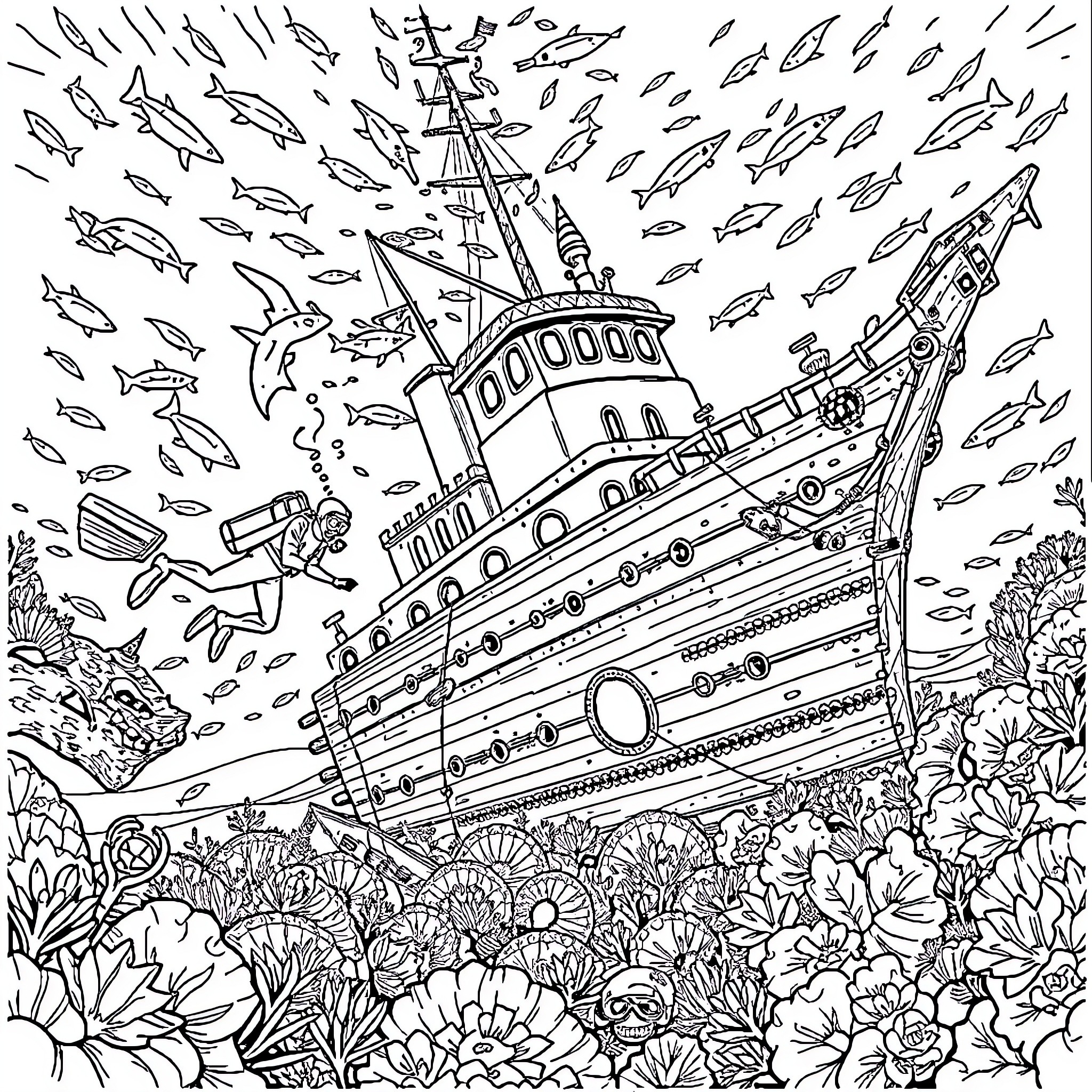 Scuba Diver Exploring Vibrant Underwater Shipwreck Scene Coloring Page (free black-and-white line drawing printable PDF for all, from beginners to advanced learners, including children, teens, adults, and seniors)