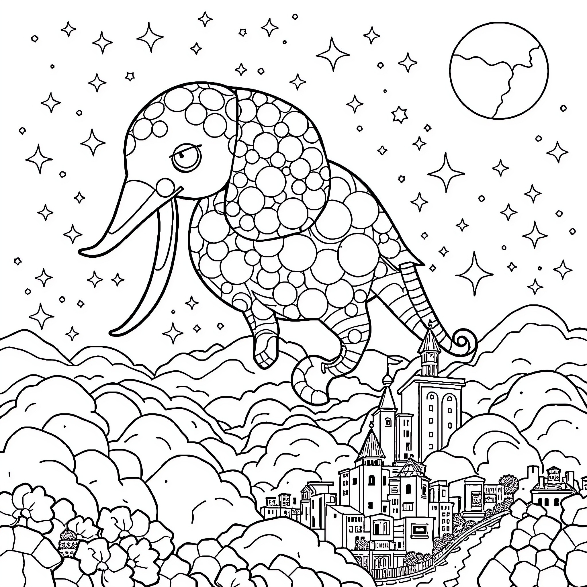 Elephant Soaring Above Whimsical City Skyline Coloring Page (free black-and-white line drawing printable PDF for all, from beginners to advanced learners, including children, teens, adults, and seniors)