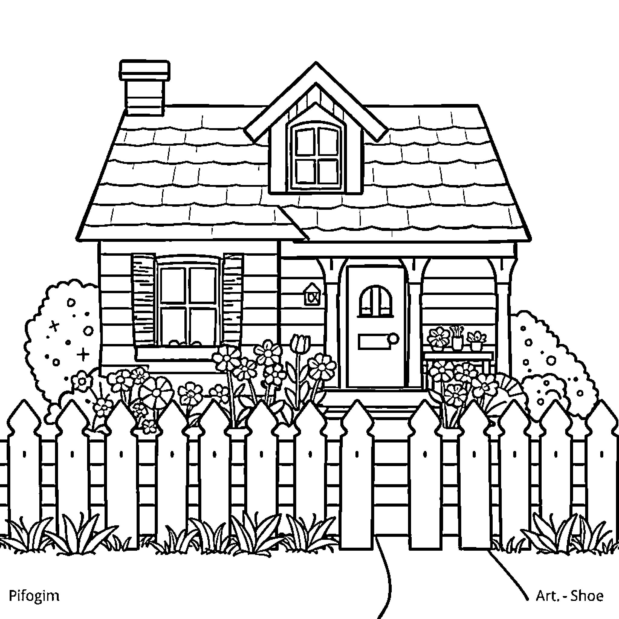House with Quaint Cottage Charm and Fenced Yard Coloring Page (free black-and-white line drawing printable PDF for all, from beginners to advanced learners, including children, teens, adults, and seniors)
