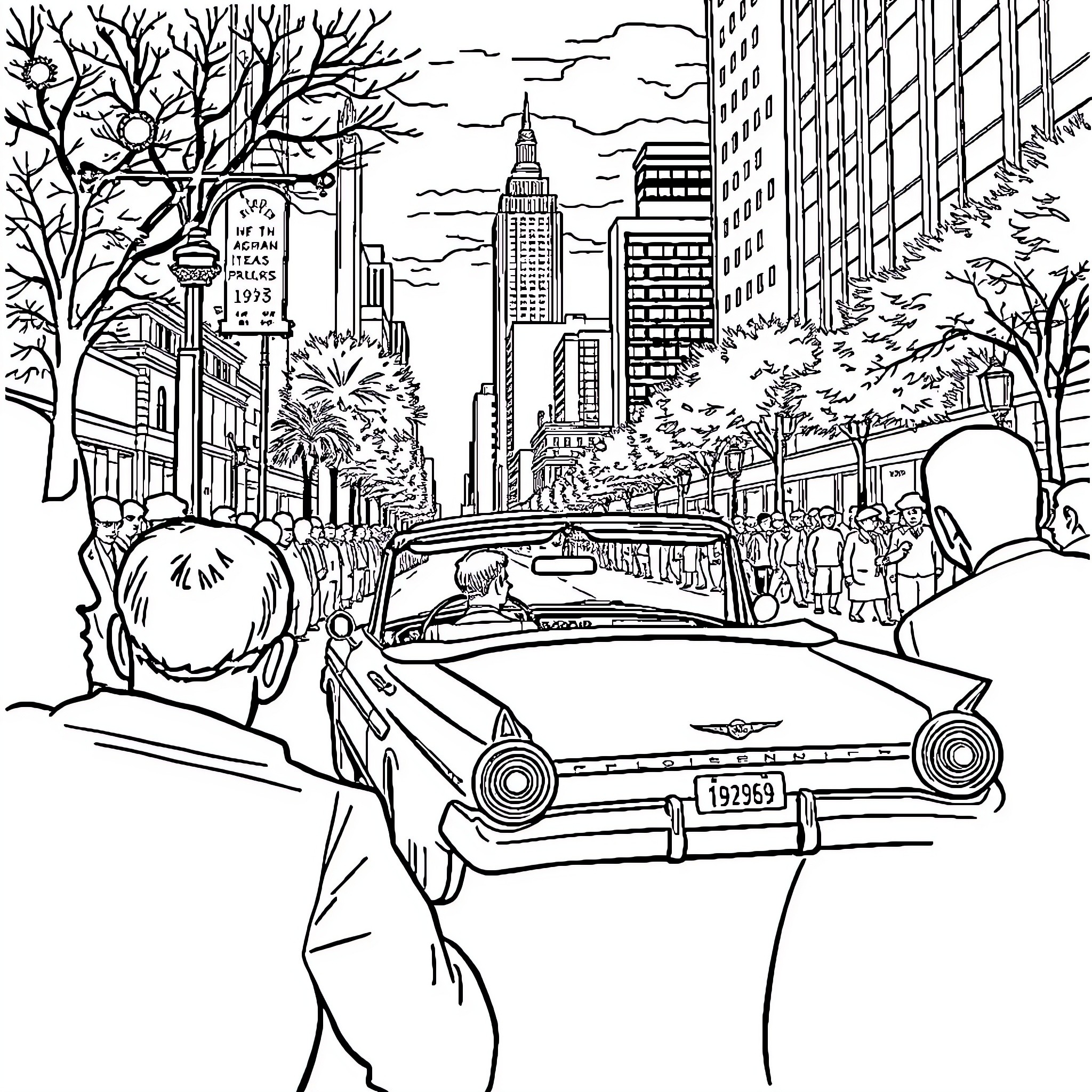 JFK's New York City Adventure Coloring Page (free black-and-white line drawing printable PDF for all, from beginners to advanced learners, including children, teens, adults, and seniors)