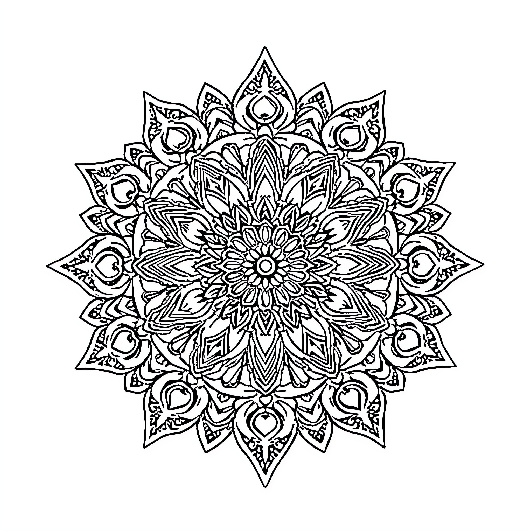 Mandala of intricate floral patterns and geometric shapes Coloring Page (free black-and-white line drawing printable PDF for all, from beginners to advanced learners, including children, teens, adults, and seniors)