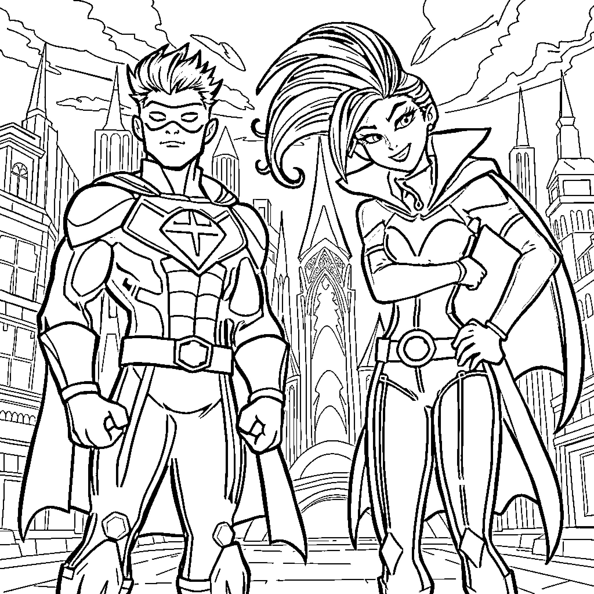 Homelander and Superhero Companion in City Landscape Coloring Page (free black-and-white line drawing printable PDF for all, from beginners to advanced learners, including children, teens, adults, and seniors)