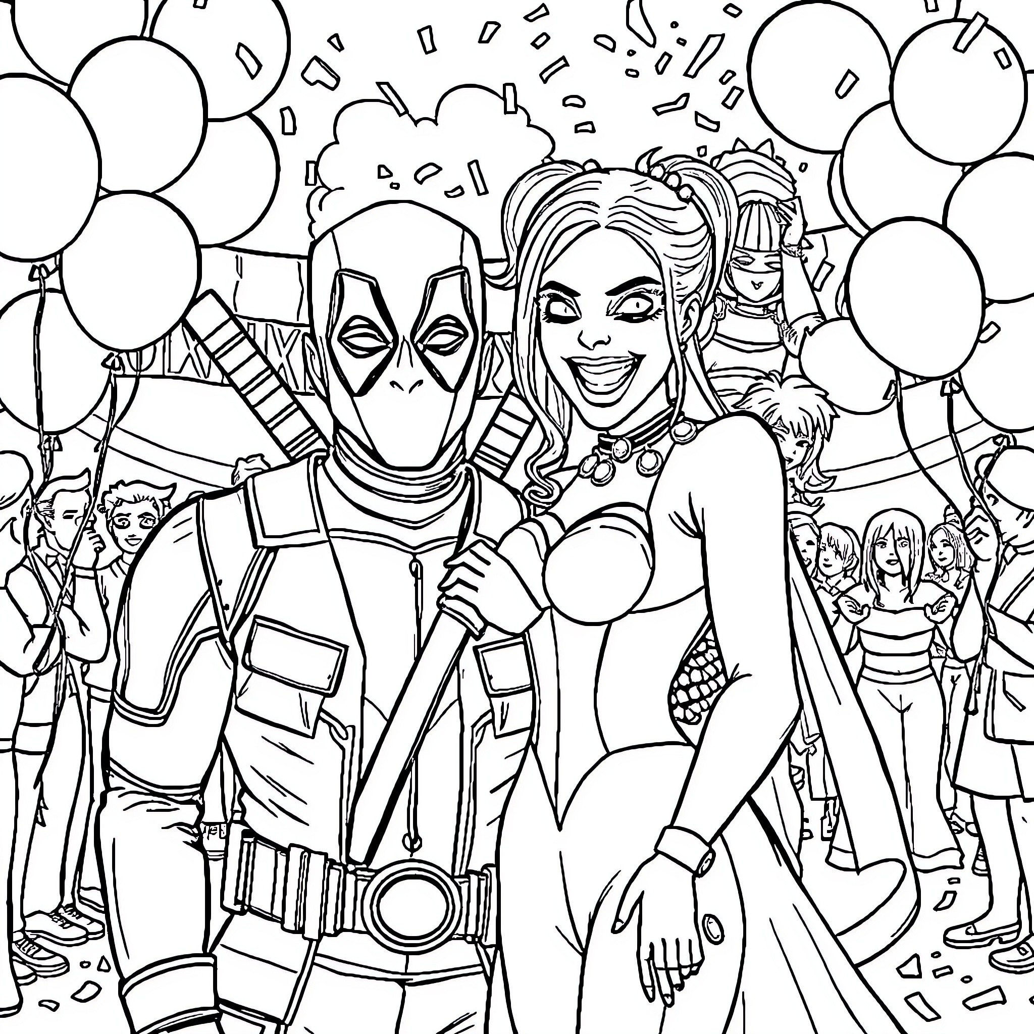 Deadpool and Harley Quinn at a Festive Celebration Coloring Page (free black-and-white line drawing printable PDF for all, from beginners to advanced learners, including children, teens, adults, and seniors)