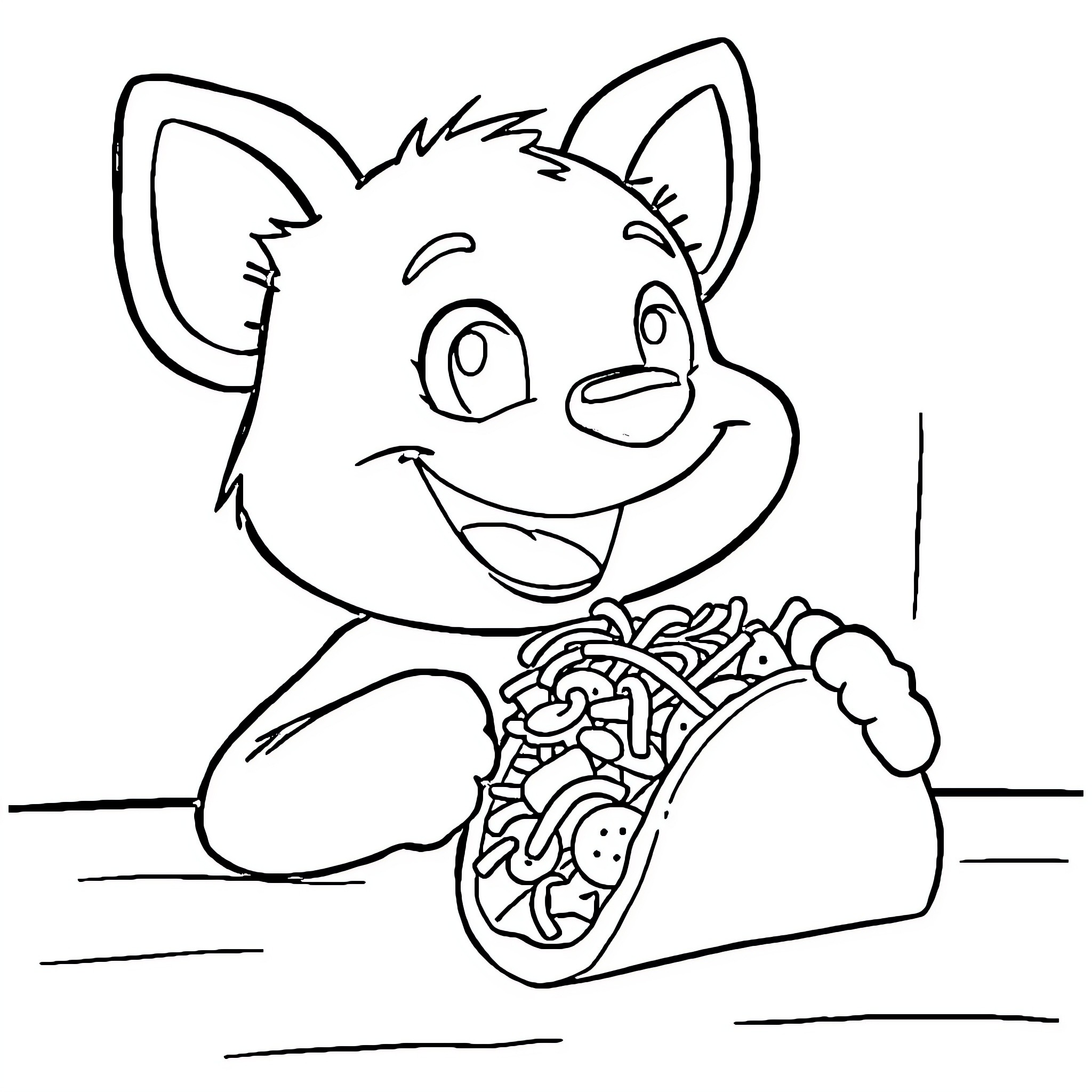 Bluey enjoying a delicious taco Coloring Page (free black-and-white line drawing printable PDF for all, from beginners to advanced learners, including children, teens, adults, and seniors)