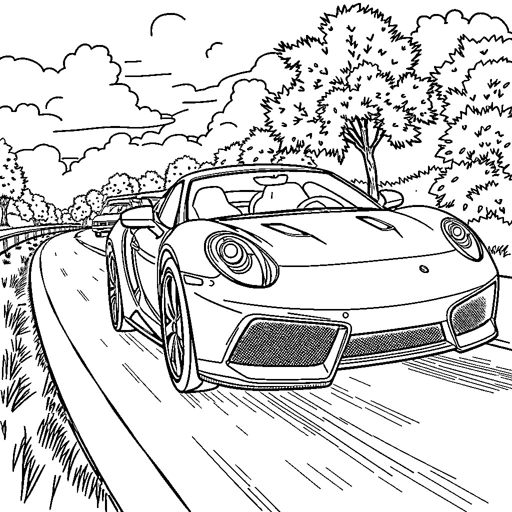 Car speeding down the road in a scenic landscape Coloring Page (free black-and-white line drawing printable PDF for all, from beginners to advanced learners, including children, teens, adults, and seniors)