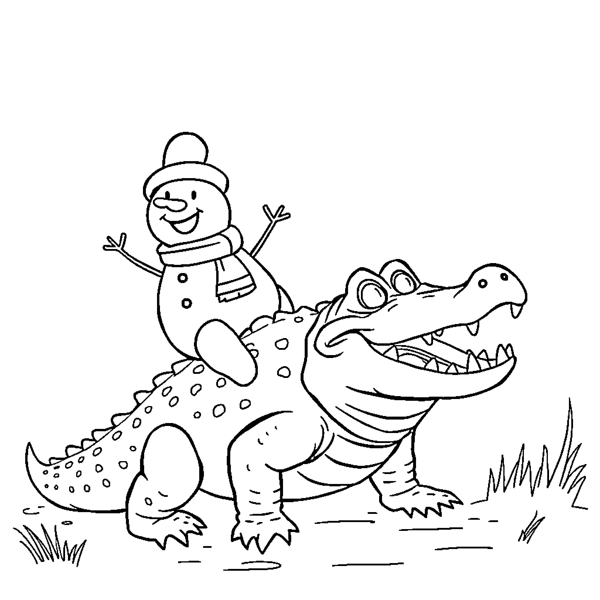 Snowman riding on an alligator in the meadow Coloring Page (free black-and-white line drawing printable PDF for all, from beginners to advanced learners, including children, teens, adults, and seniors)