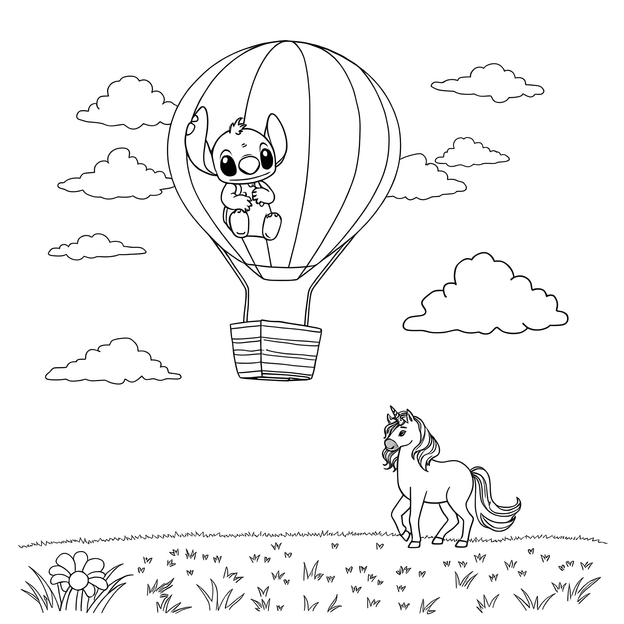 Lilo soaring in a hot air balloon with a unicorn below Coloring Page (free black-and-white line drawing printable PDF for all, from beginners to advanced learners, including children, teens, adults, and seniors)