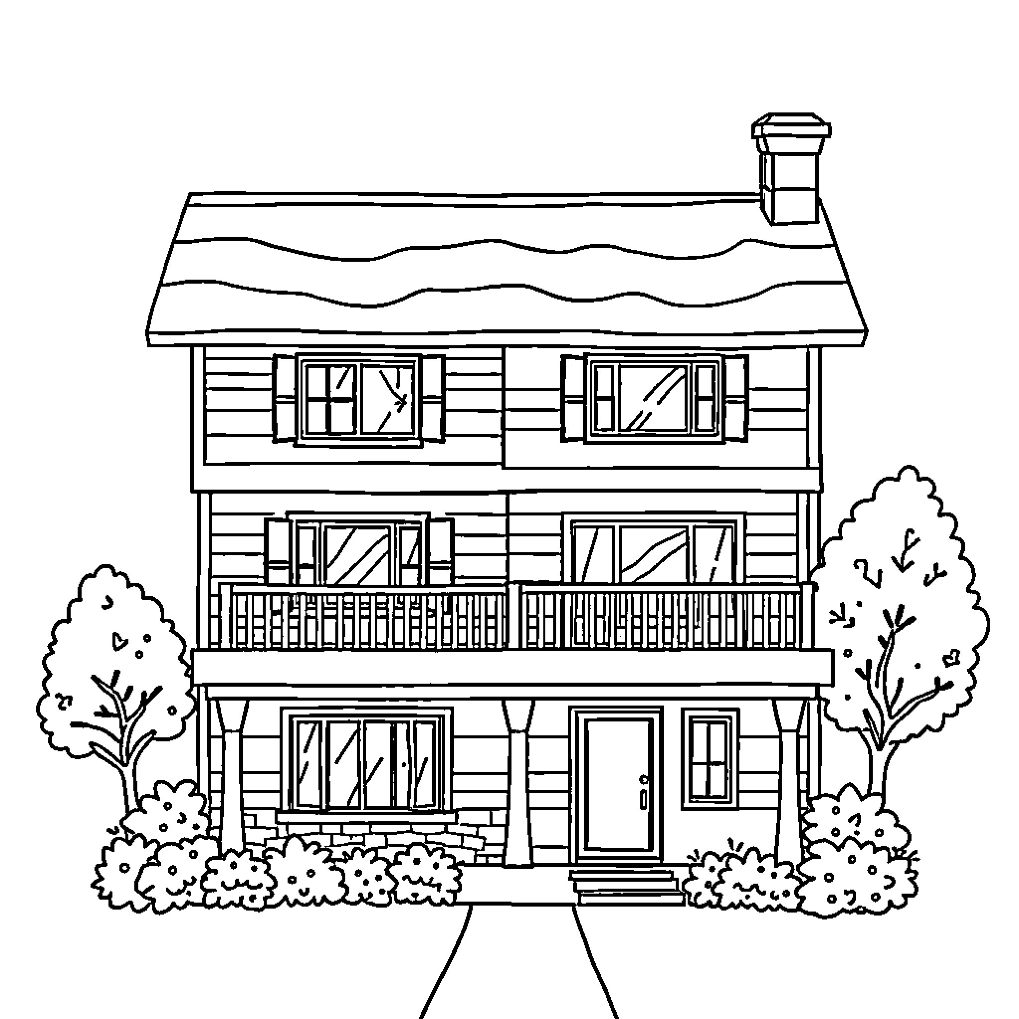 House with large porch and trees Coloring Page (free black-and-white line drawing printable PDF for all, from beginners to advanced learners, including children, teens, adults, and seniors)