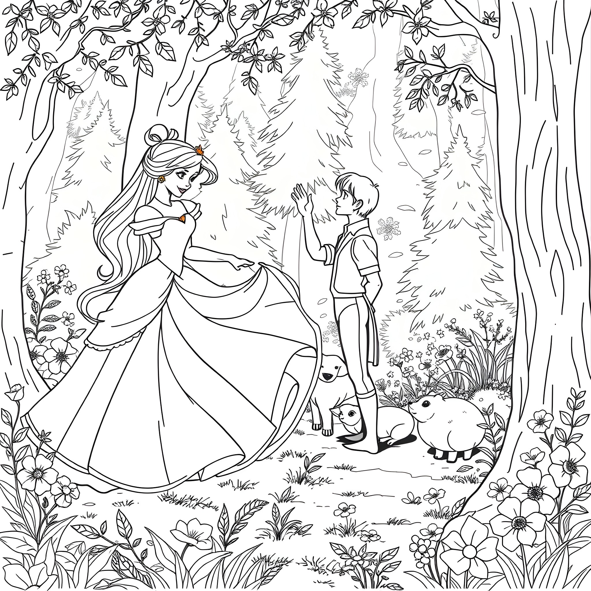 Aurora's enchanting forest adventure Coloring Page (free black-and-white line drawing printable PDF for all, from beginners to advanced learners, including children, teens, adults, and seniors)