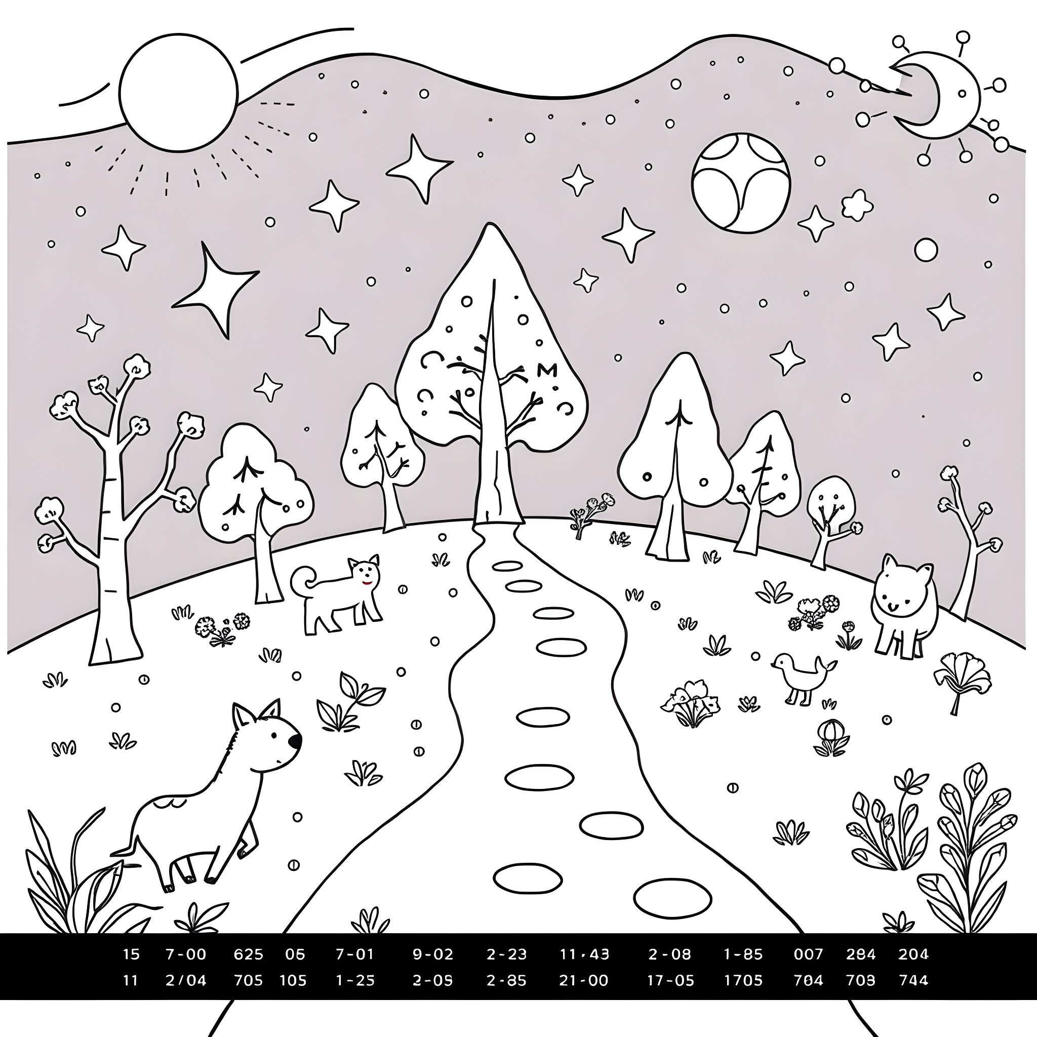 Number of Whimsical Creatures in Starry Forest Landscape Coloring Page (free black-and-white line drawing printable PDF for all, from beginners to advanced learners, including children, teens, adults, and seniors)
