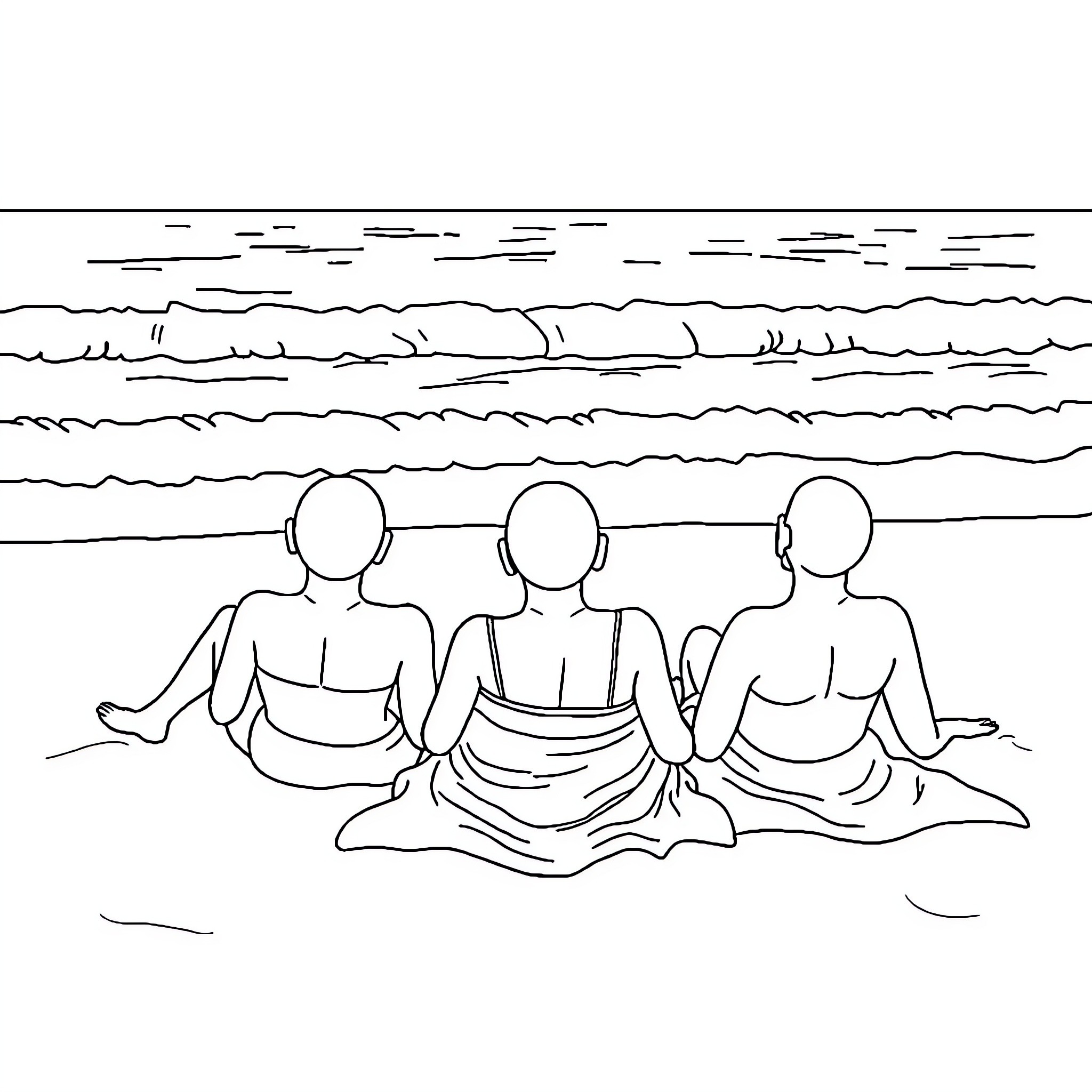 Bald Women Meditating on the Beach Coloring Page (free black-and-white line drawing printable PDF for all, from beginners to advanced learners, including children, teens, adults, and seniors)