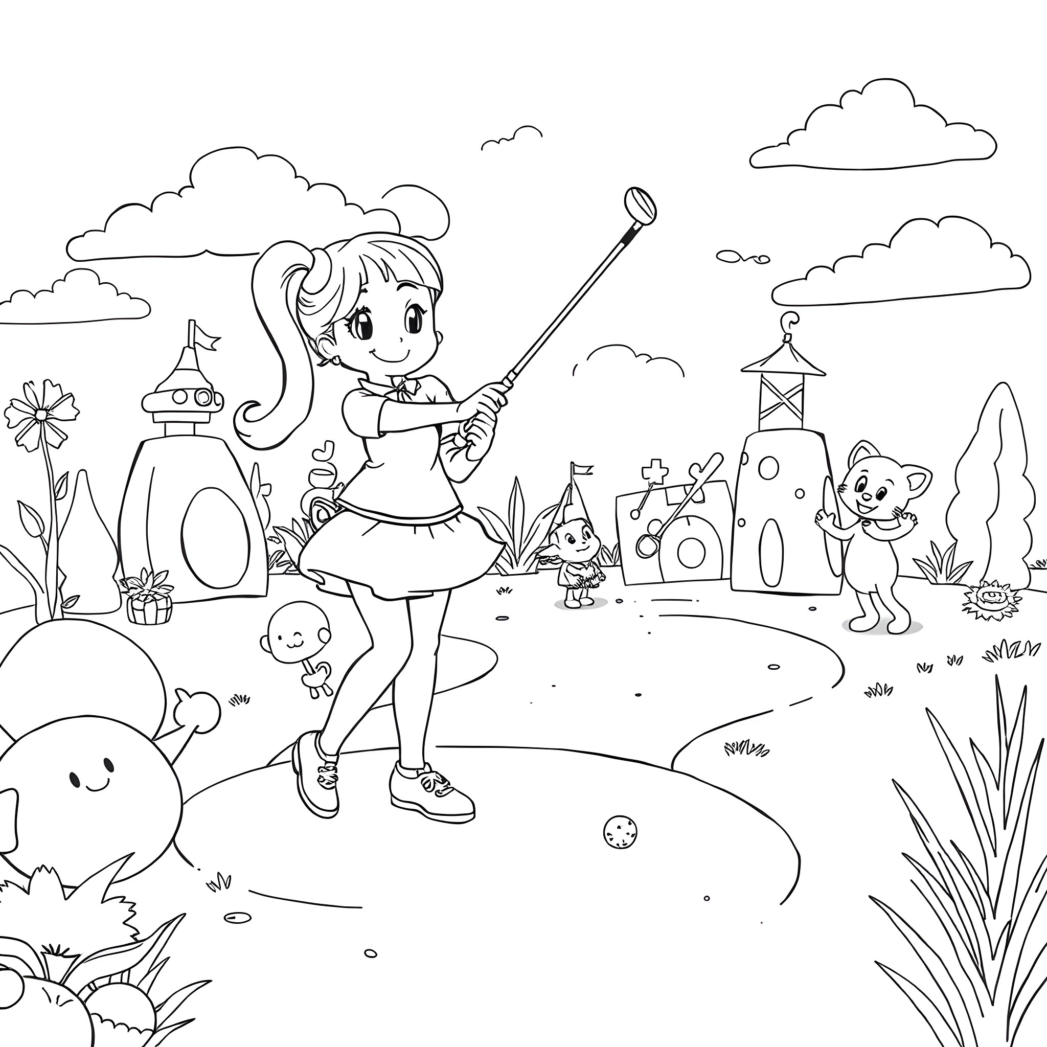 Gabby's Whimsical Garden Adventure Coloring Page (free black-and-white line drawing printable PDF for all, from beginners to advanced learners, including children, teens, adults, and seniors)