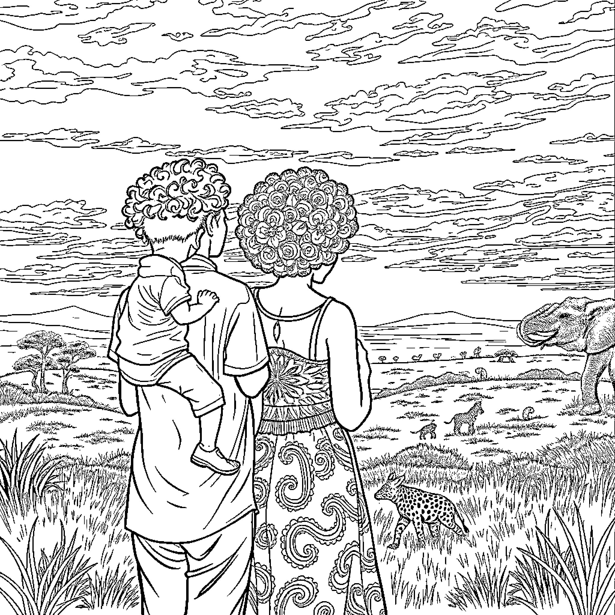 Family Enjoying Scenic African Landscape Coloring Page (free black-and-white line drawing printable PDF for all, from beginners to advanced learners, including children, teens, adults, and seniors)