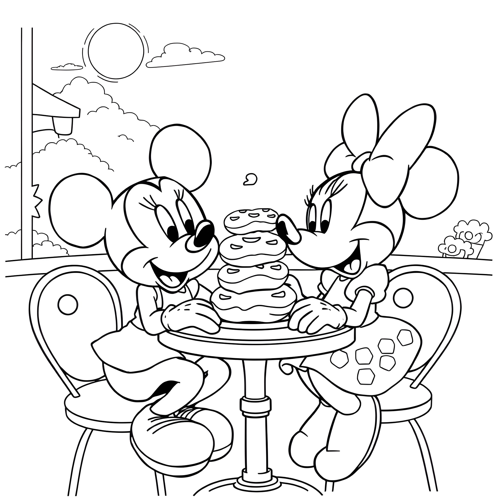 Mickey and Minnie Enjoying Snacks Together Coloring Page (free black-and-white line drawing printable PDF for all, from beginners to advanced learners, including children, teens, adults, and seniors)
