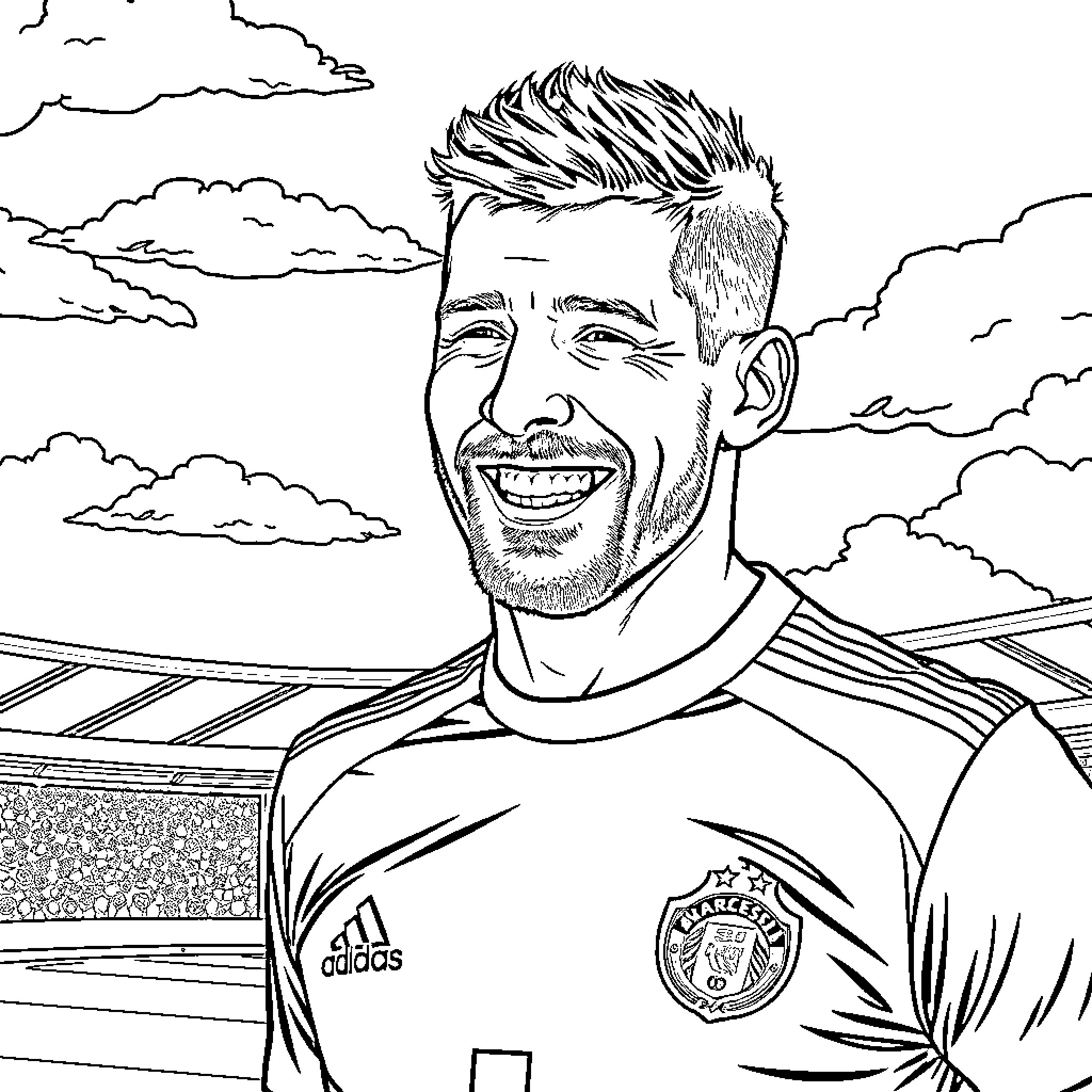 Lukas Podolski - Soccer Player with Cheerful Expression Coloring Page (free black-and-white line drawing printable PDF for all, from beginners to advanced learners, including children, teens, adults, and seniors)