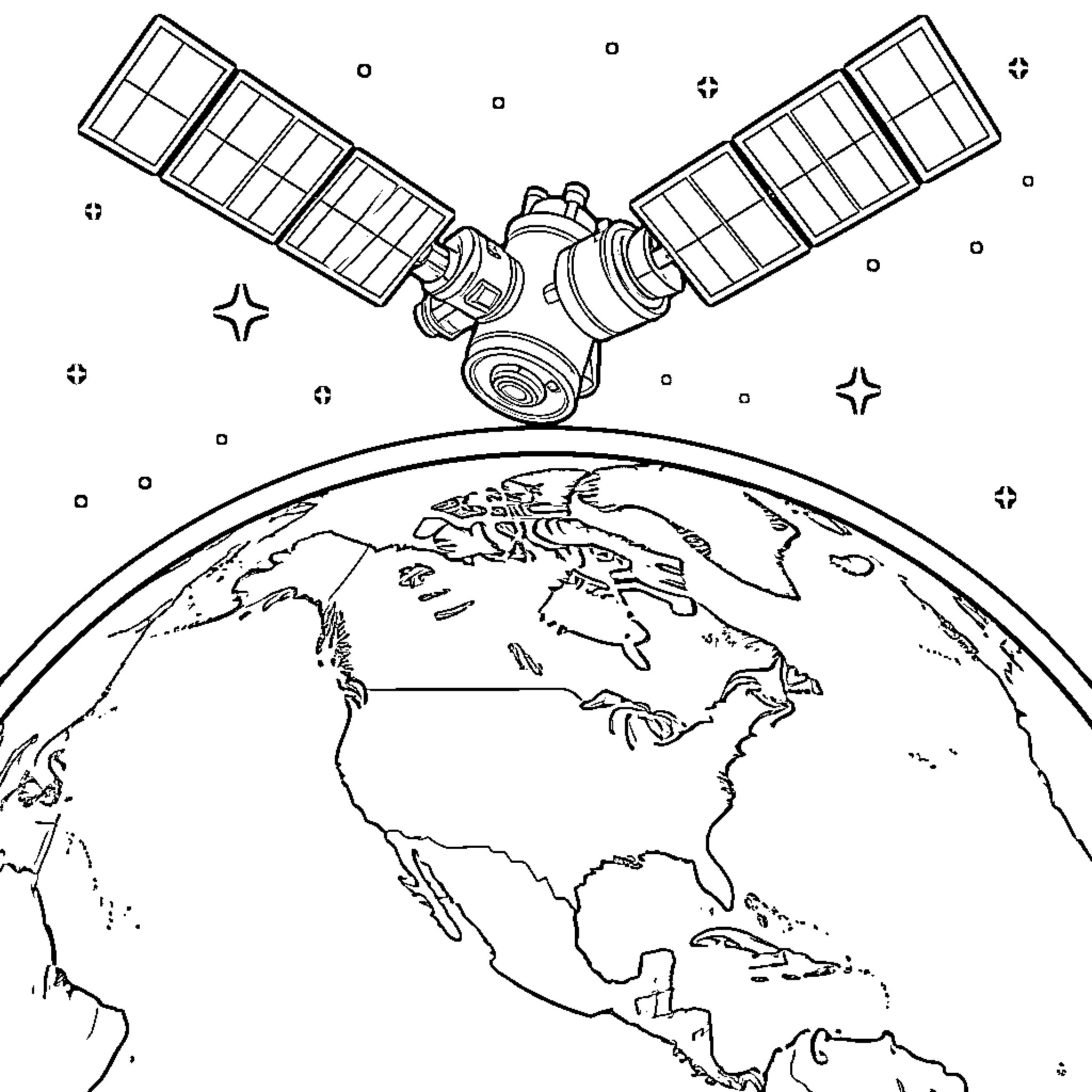Satellite orbiting above the planet Earth in space Coloring Page (free black-and-white line drawing printable PDF for all, from beginners to advanced learners, including children, teens, adults, and seniors)