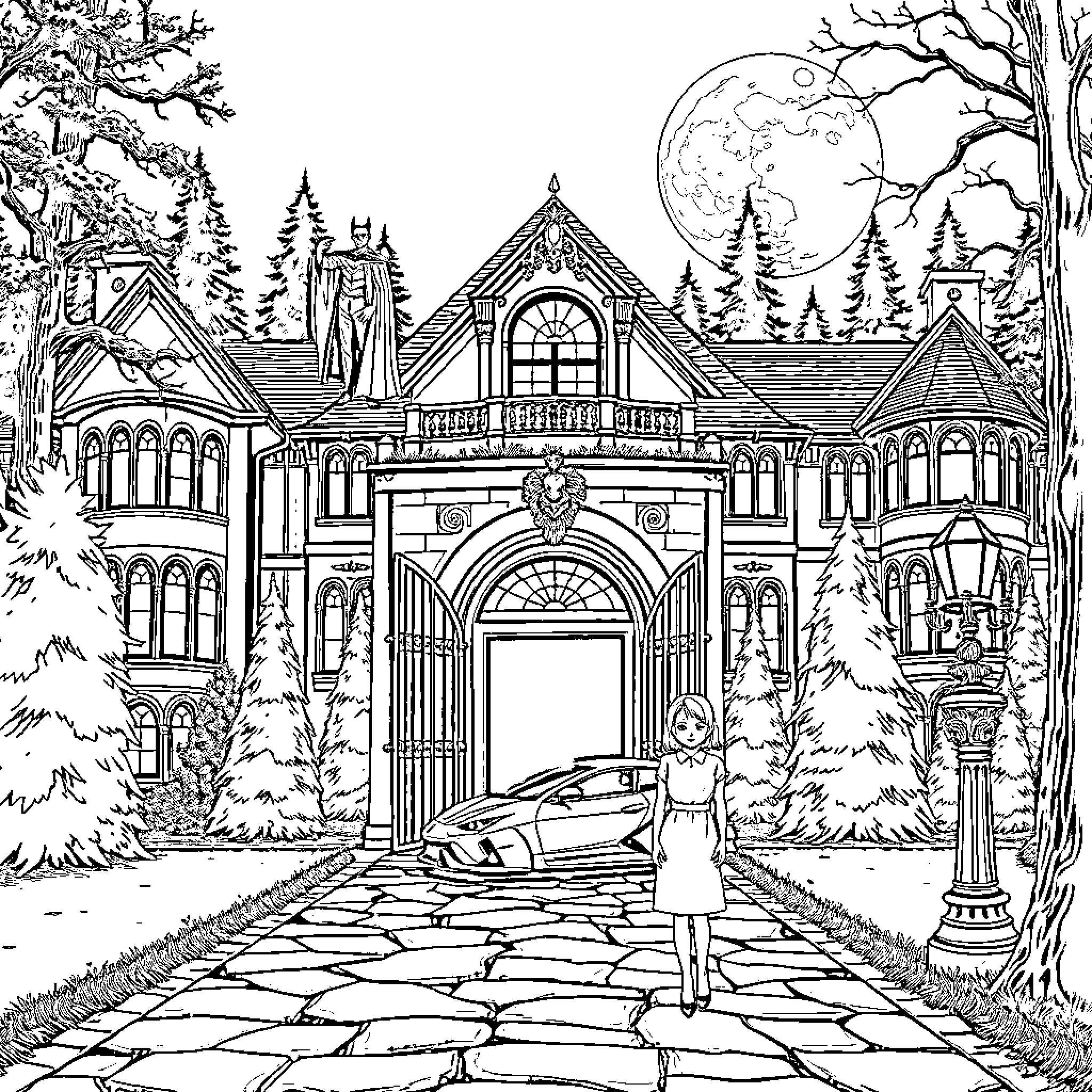 Dracula's Haunting Manor on a Moonlit Night Coloring Page (free black-and-white line drawing printable PDF for all, from beginners to advanced learners, including children, teens, adults, and seniors)
