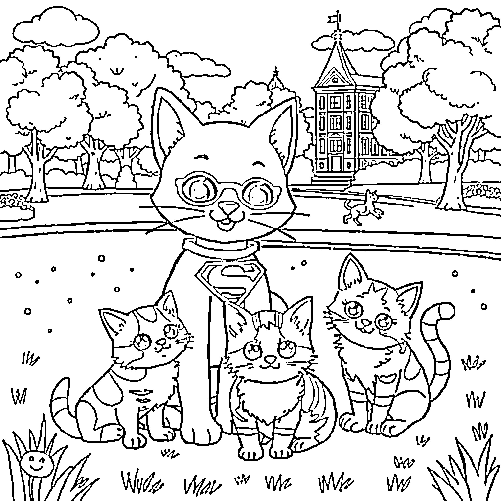 Bluey and friends explore the neighborhood Coloring Page (free black-and-white line drawing printable PDF for all, from beginners to advanced learners, including children, teens, adults, and seniors)