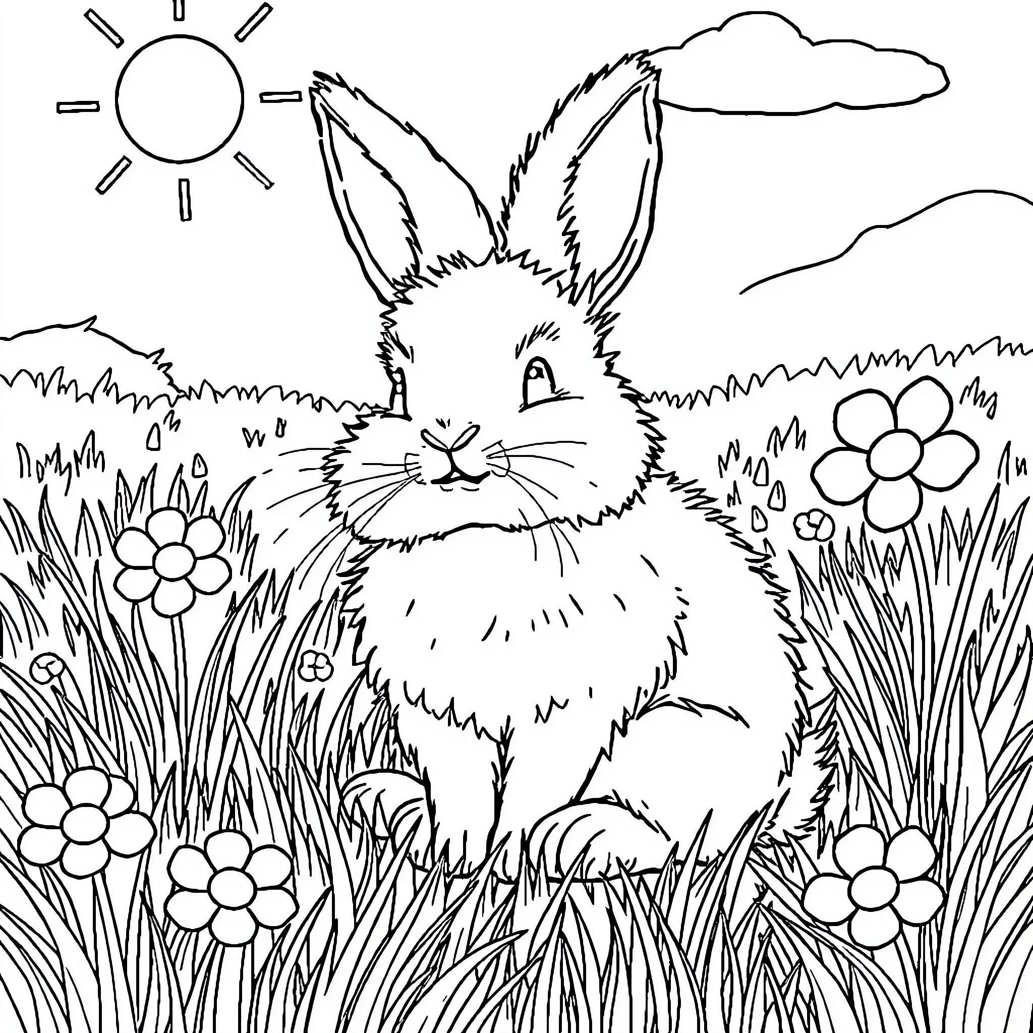 Bunny sitting amidst flowers and sunshine Coloring Page (free black-and-white line drawing printable PDF for all, from beginners to advanced learners, including children, teens, adults, and seniors)