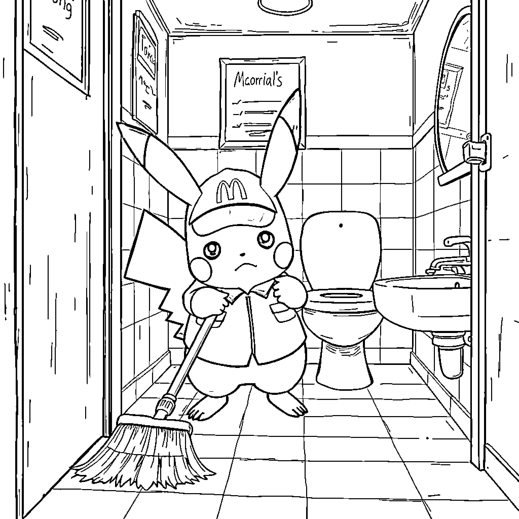 Pikachu cleans up the bathroom mischievously Coloring Page (free black-and-white line drawing printable PDF for all, from beginners to advanced learners, including children, teens, adults, and seniors)