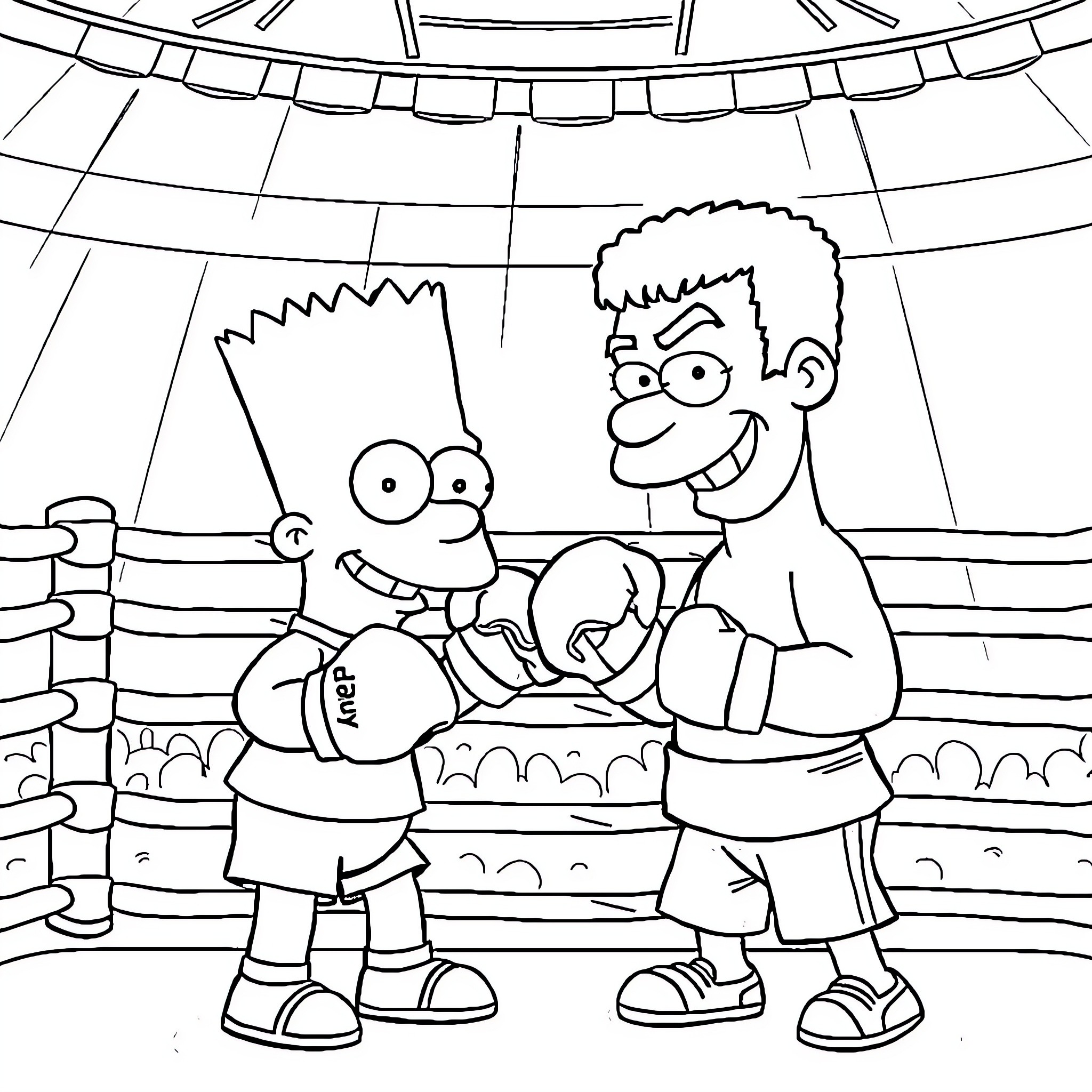 Bart Simpson and friend boxing in the ring Coloring Page (free black-and-white line drawing printable PDF for all, from beginners to advanced learners, including children, teens, adults, and seniors)