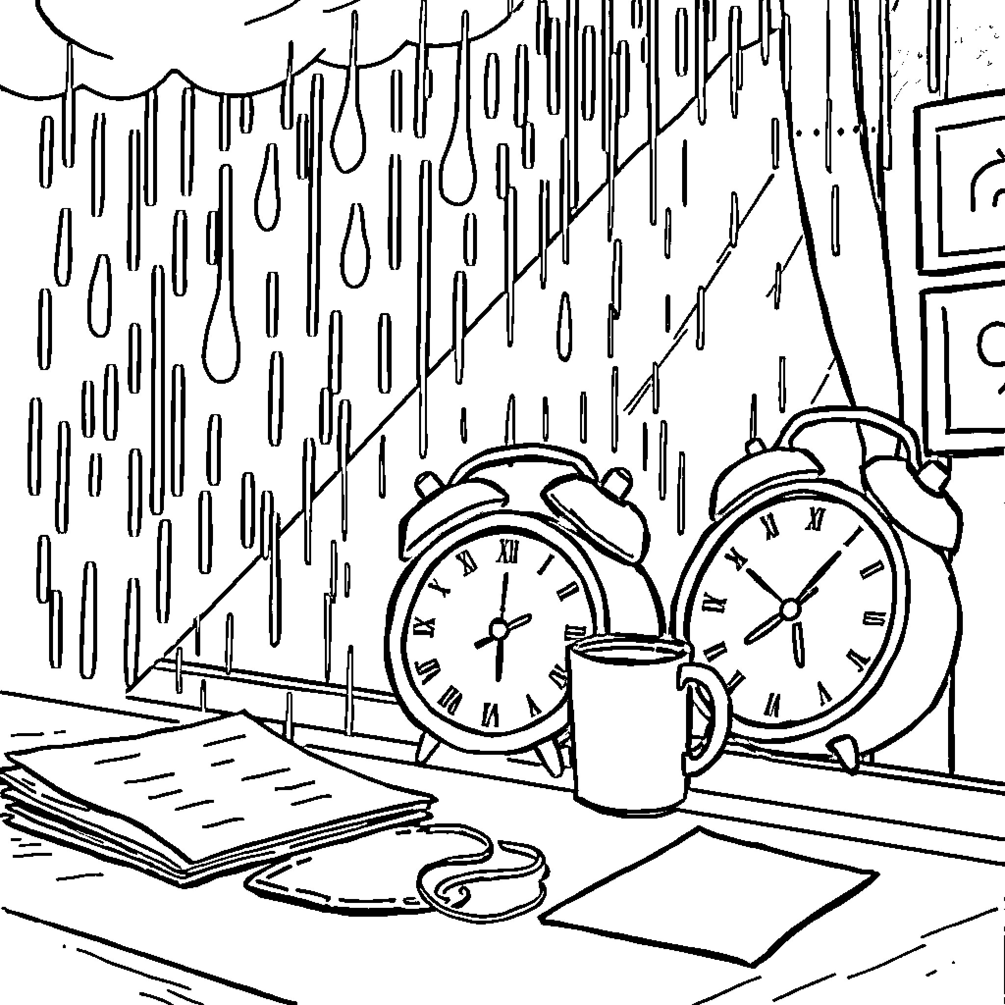 Day of Rainy Office Scene with Clocks Coloring Page (free black-and-white line drawing printable PDF for all, from beginners to advanced learners, including children, teens, adults, and seniors)