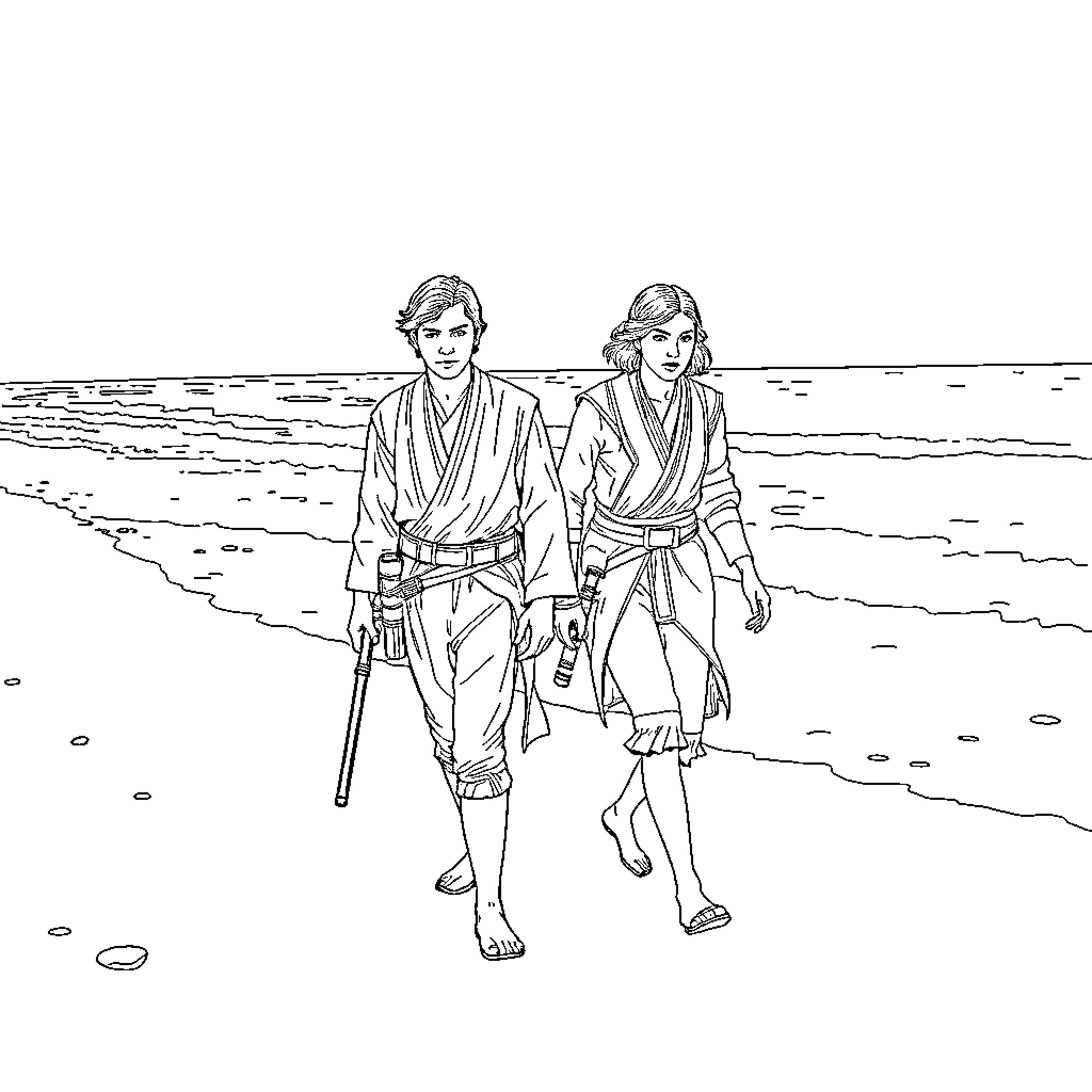 Ben Solo and Padmé on the Beach Coloring Page (free black-and-white line drawing printable PDF for all, from beginners to advanced learners, including children, teens, adults, and seniors)