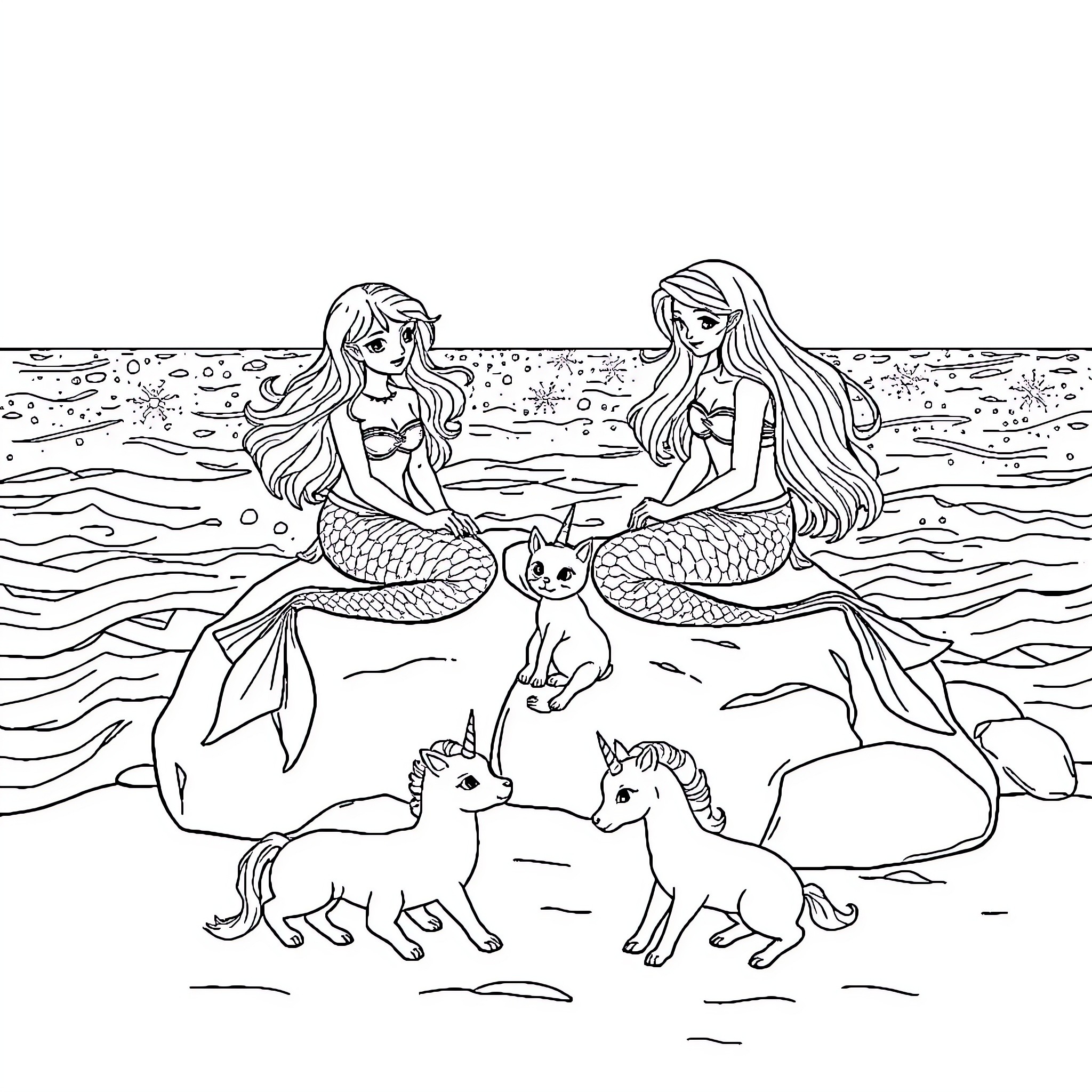 Mermaid friends exploring the underwater world Coloring Page (free black-and-white line drawing printable PDF for all, from beginners to advanced learners, including children, teens, adults, and seniors)