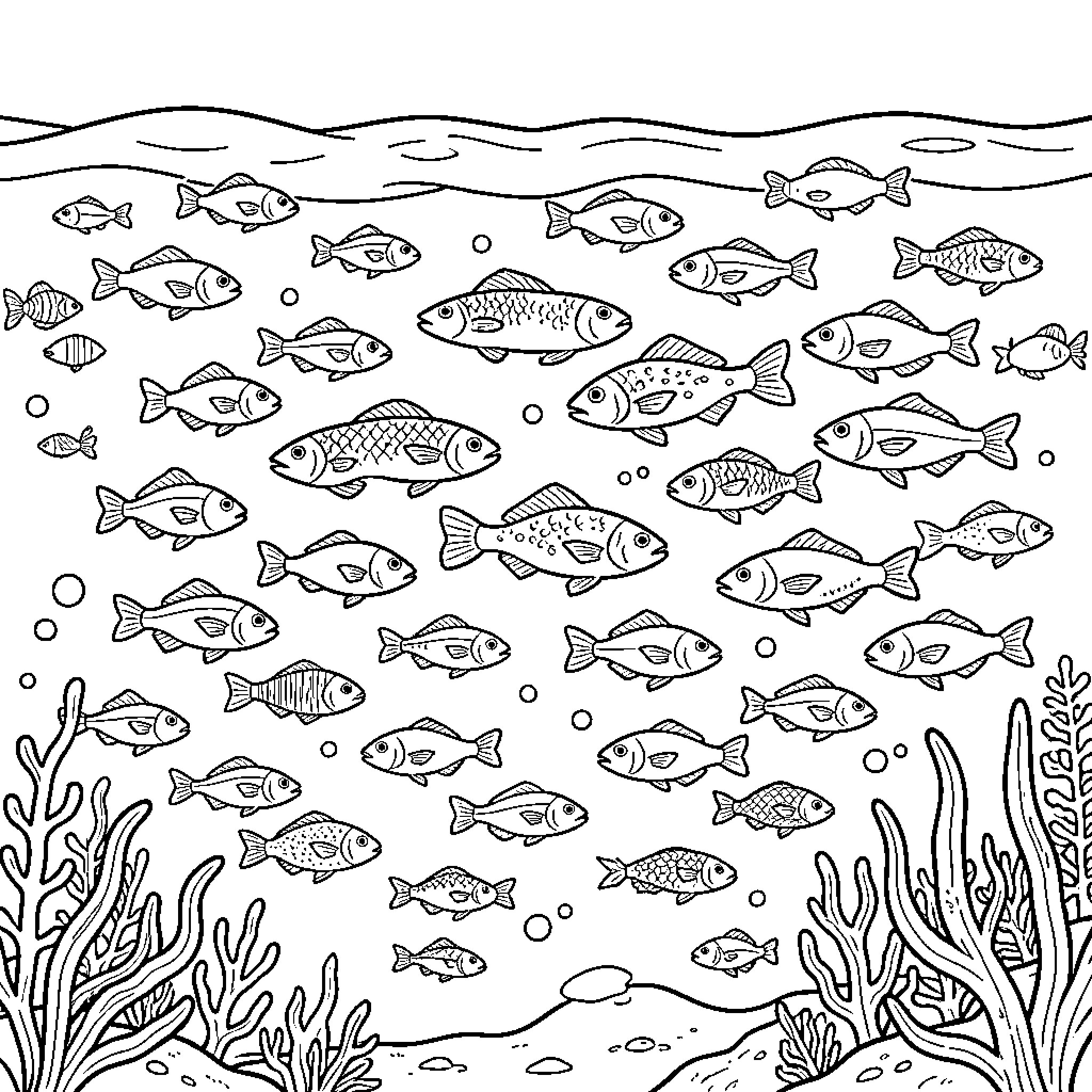 Fish swimming together in a coral reef scene Coloring Page (free black-and-white line drawing printable PDF for all, from beginners to advanced learners, including children, teens, adults, and seniors)