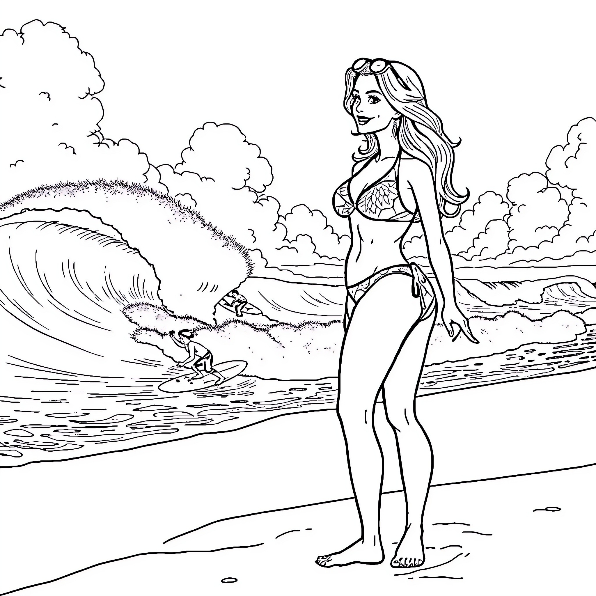 Pinup Girl Enjoying the Surf and Sand Coloring Page (free black-and-white line drawing printable PDF for all, from beginners to advanced learners, including children, teens, adults, and seniors)