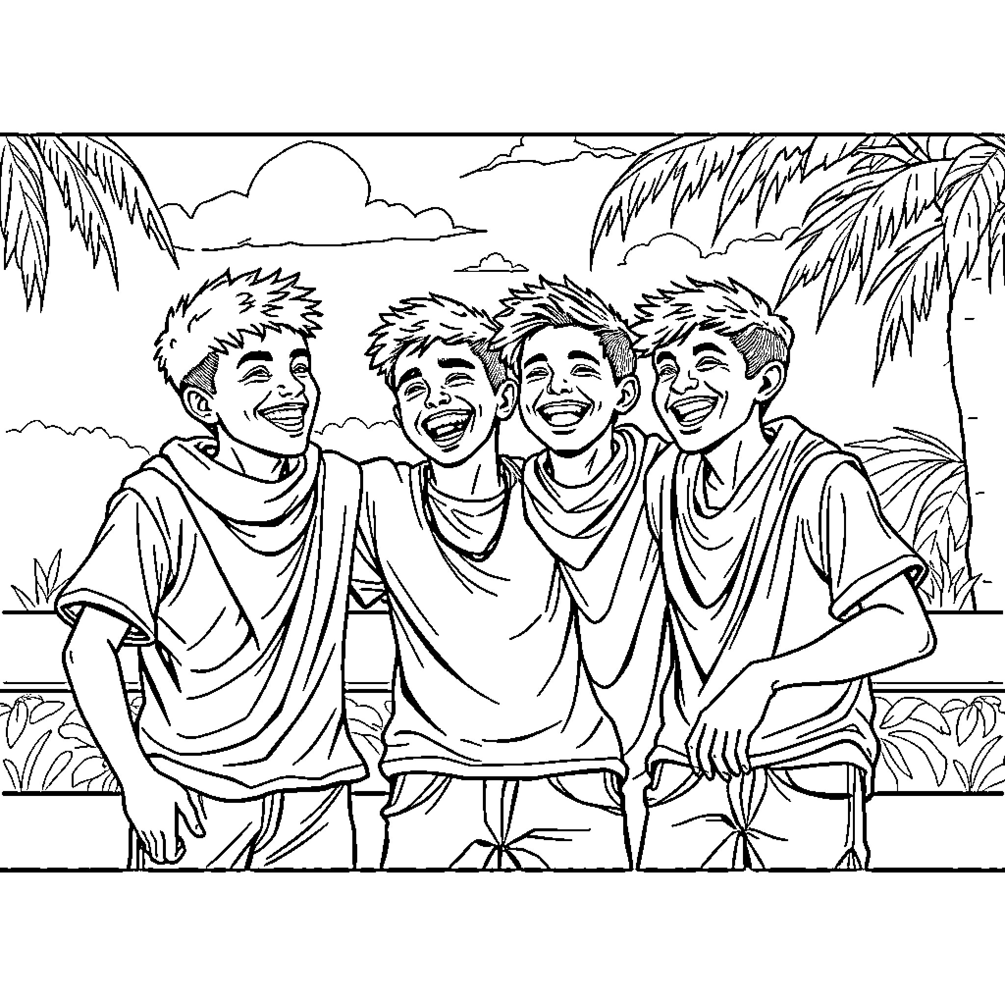 Saja Boy Enjoying Laughter and Friendship in Paradise Coloring Page (free black-and-white line drawing printable PDF for all, from beginners to advanced learners, including children, teens, adults, and seniors)